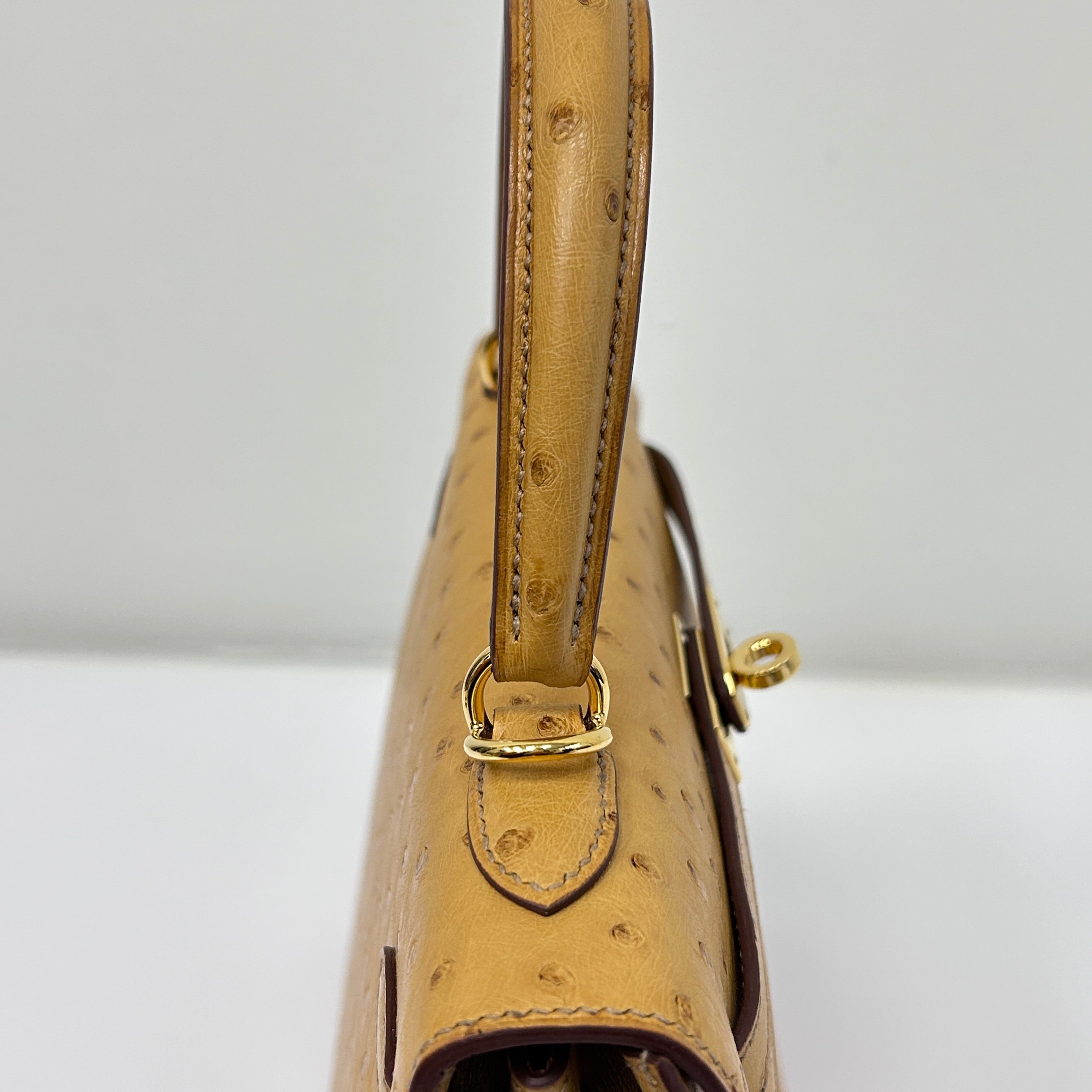 Tabac-Camel Ostrich Leather Kelly Sellier 25 Bag w/GHW