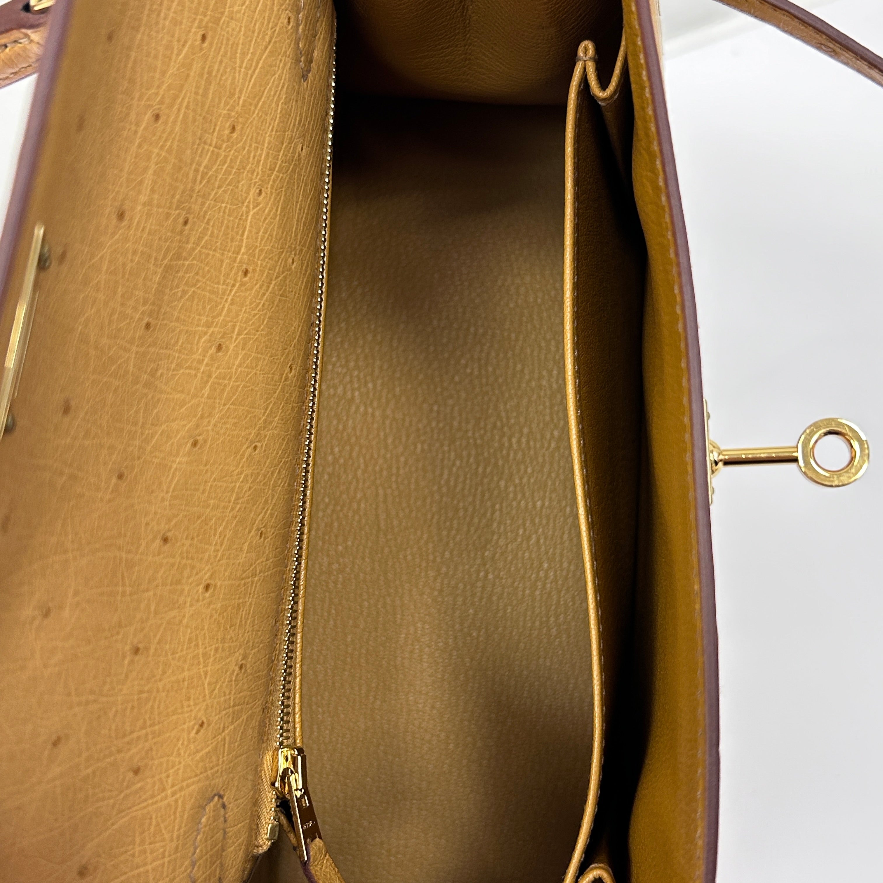 Tabac-Camel Ostrich Leather Kelly Sellier 25 Bag w/GHW