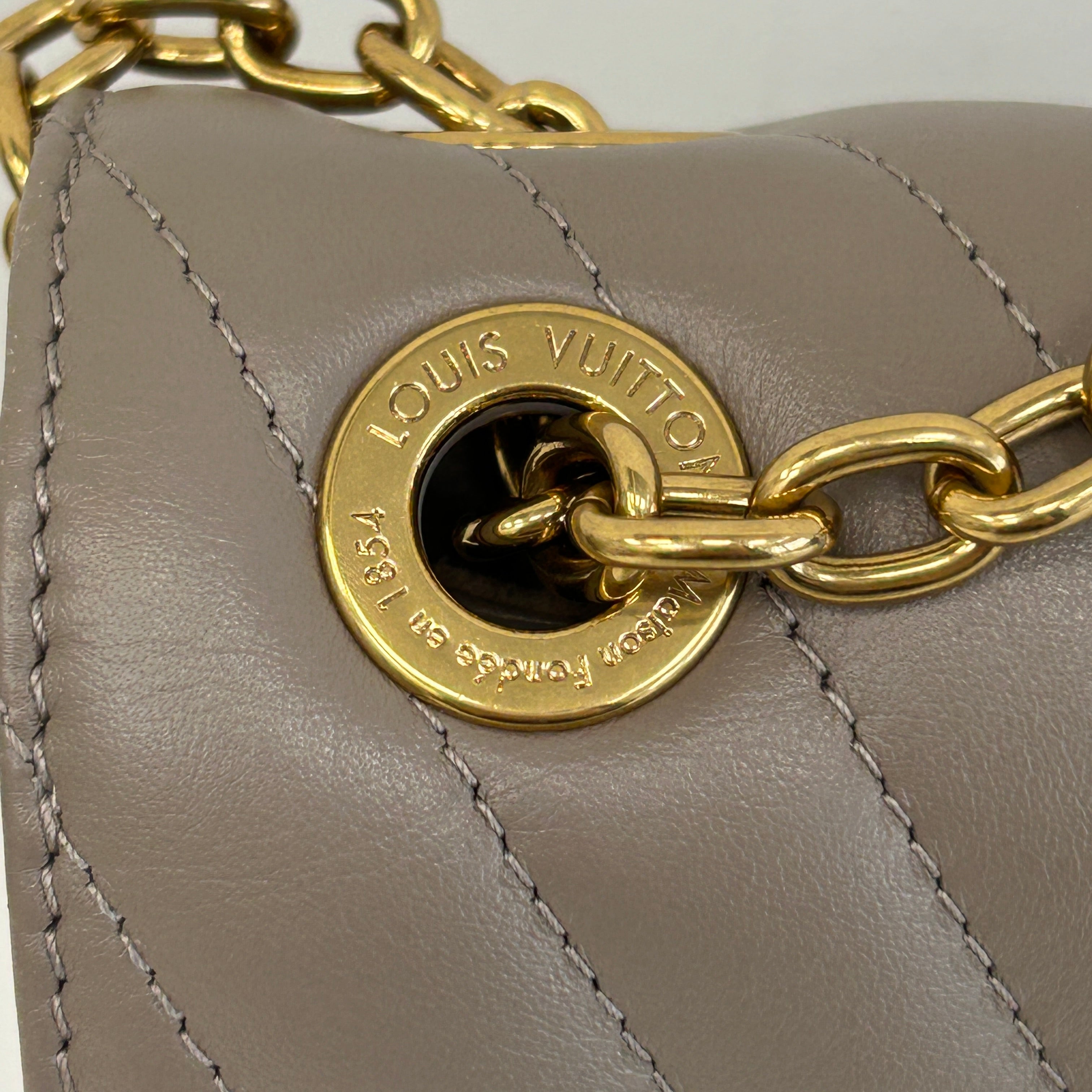 Taupe Quilted Calfskin Leather New Wave Chain PM Bag w/GHW - Haute Classics