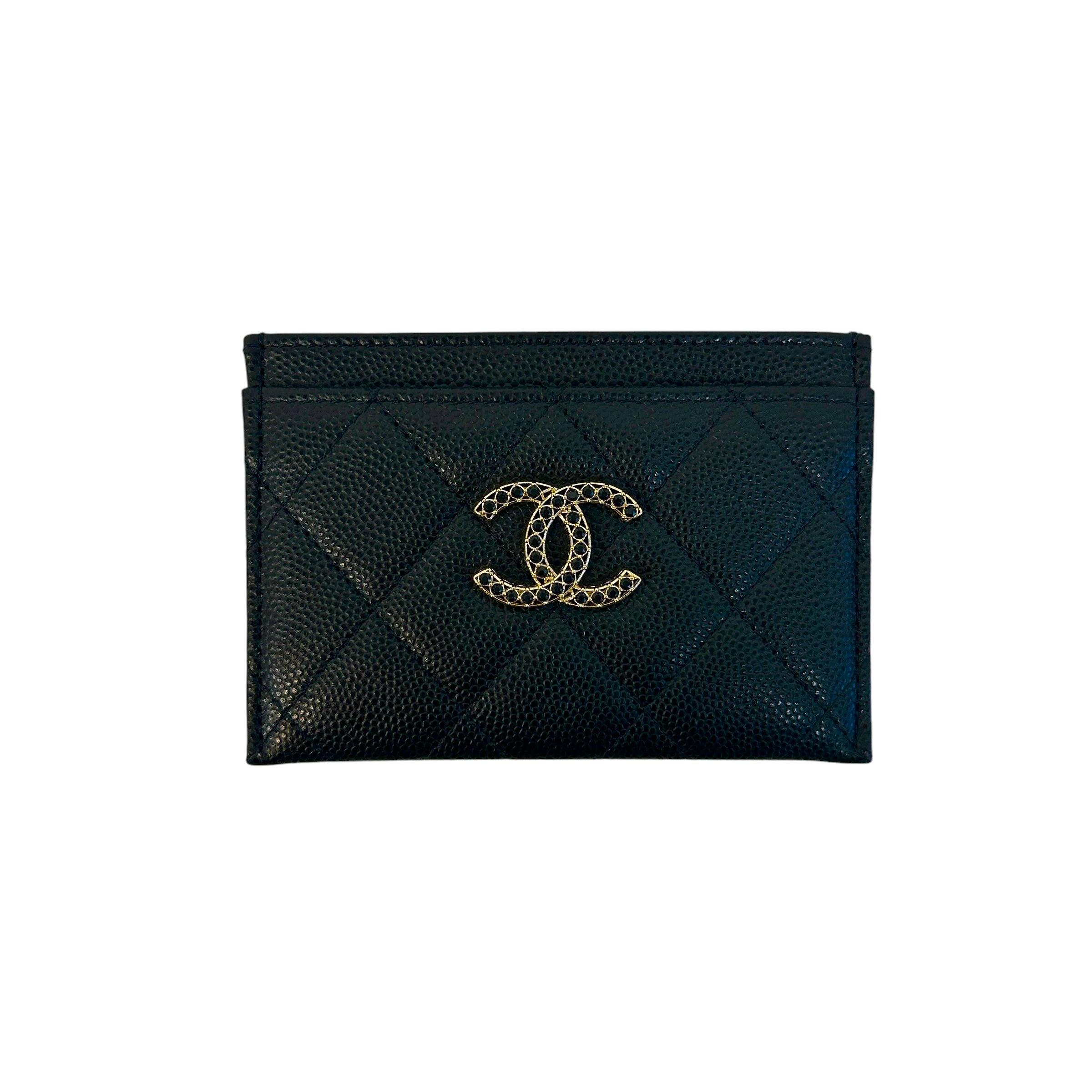 Black Caviar Quilted Card Holder w/Black Cystal CC - Haute Classics
