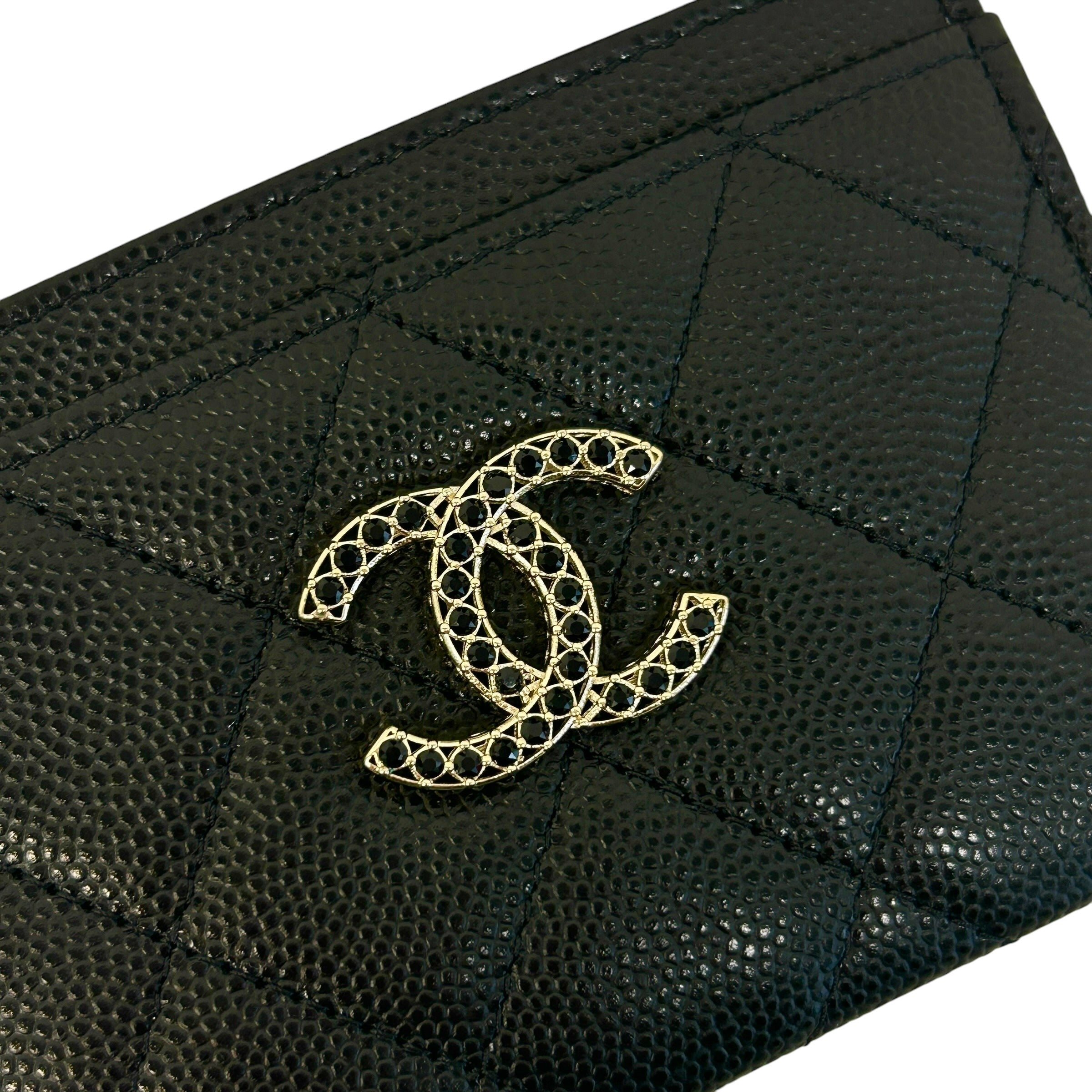Black Caviar Quilted Card Holder w/Black Cystal CC - Haute Classics
