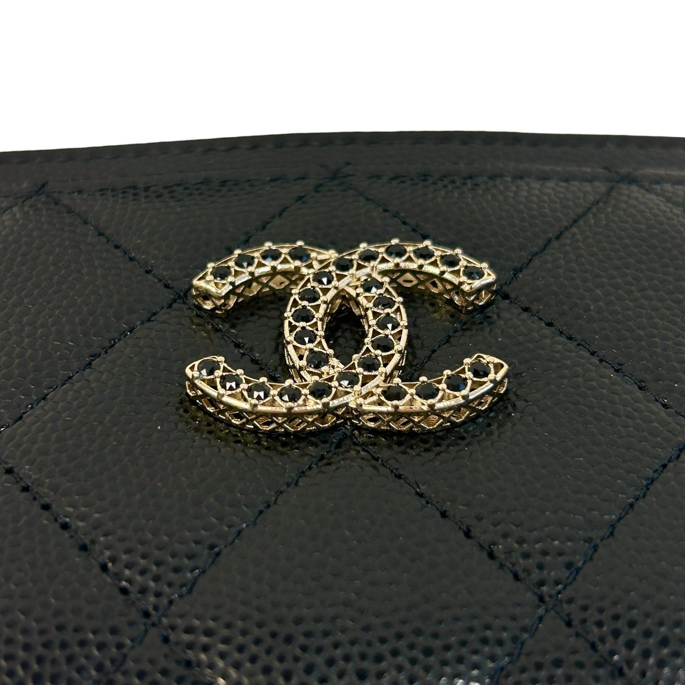 Black Caviar Quilted Card Holder w/Black Cystal CC - Haute Classics