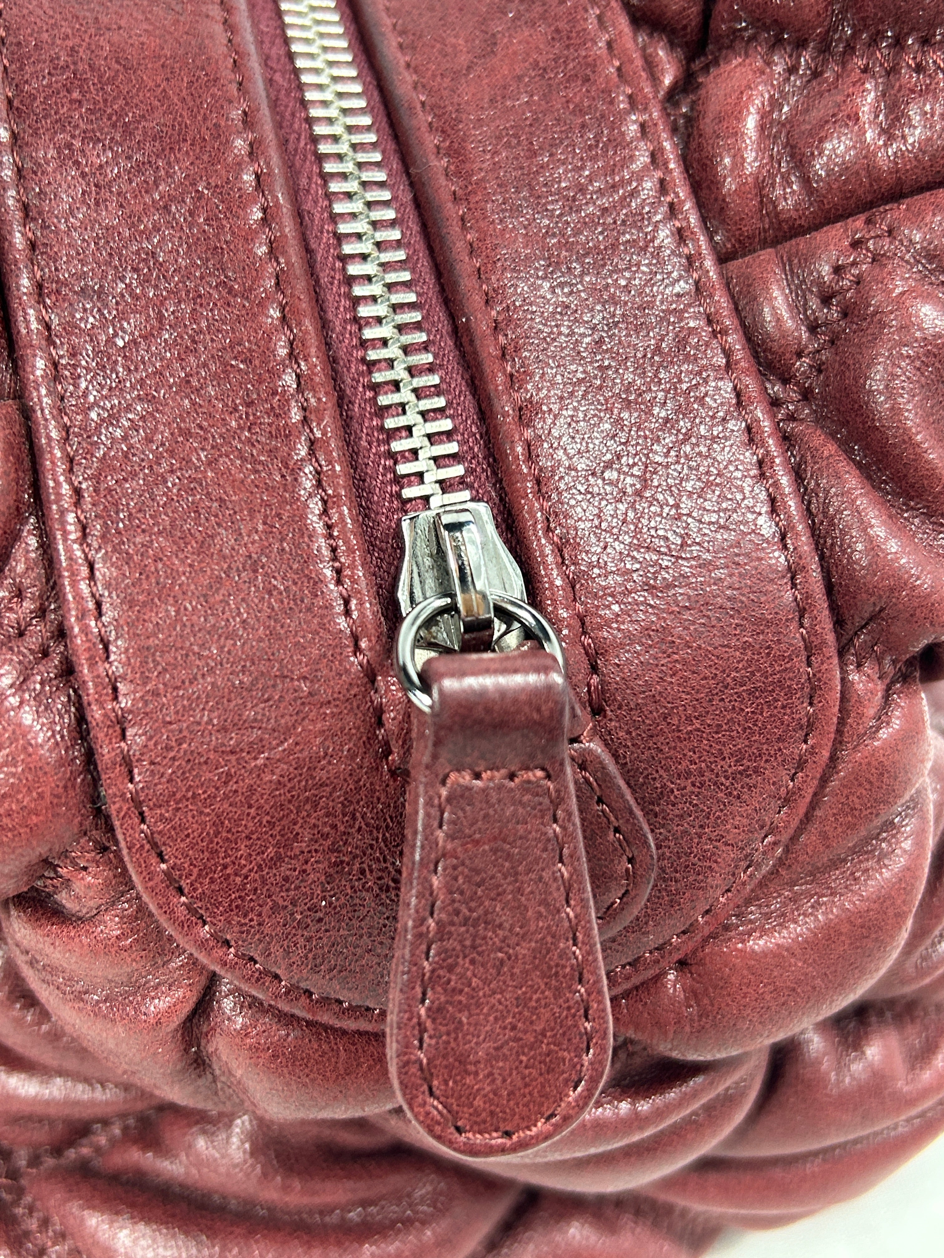 Burgundy Lambskin Leather Bubble Quilted Bowler Bag w/RHW