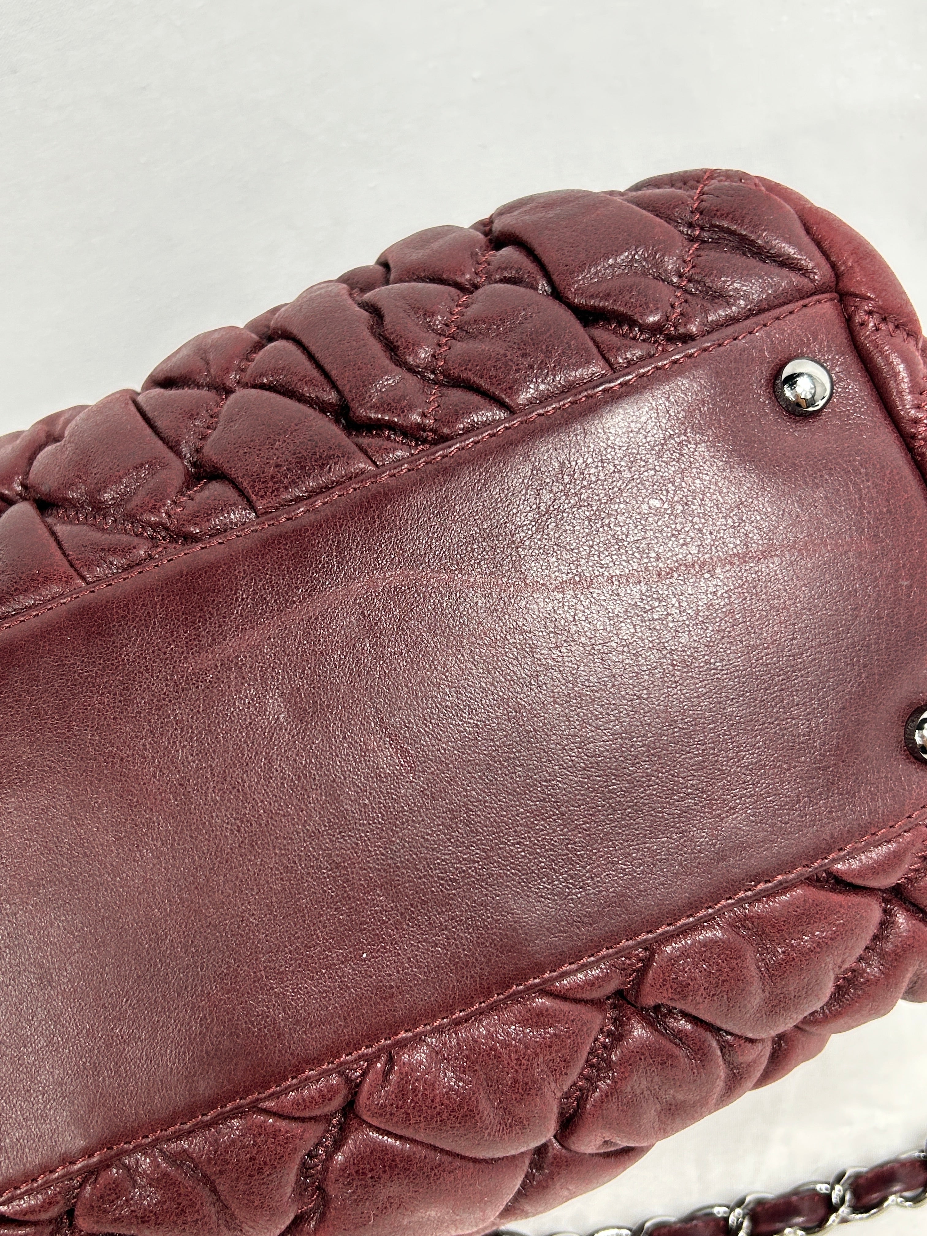 Burgundy Lambskin Leather Bubble Quilted Bowler Bag w/RHW