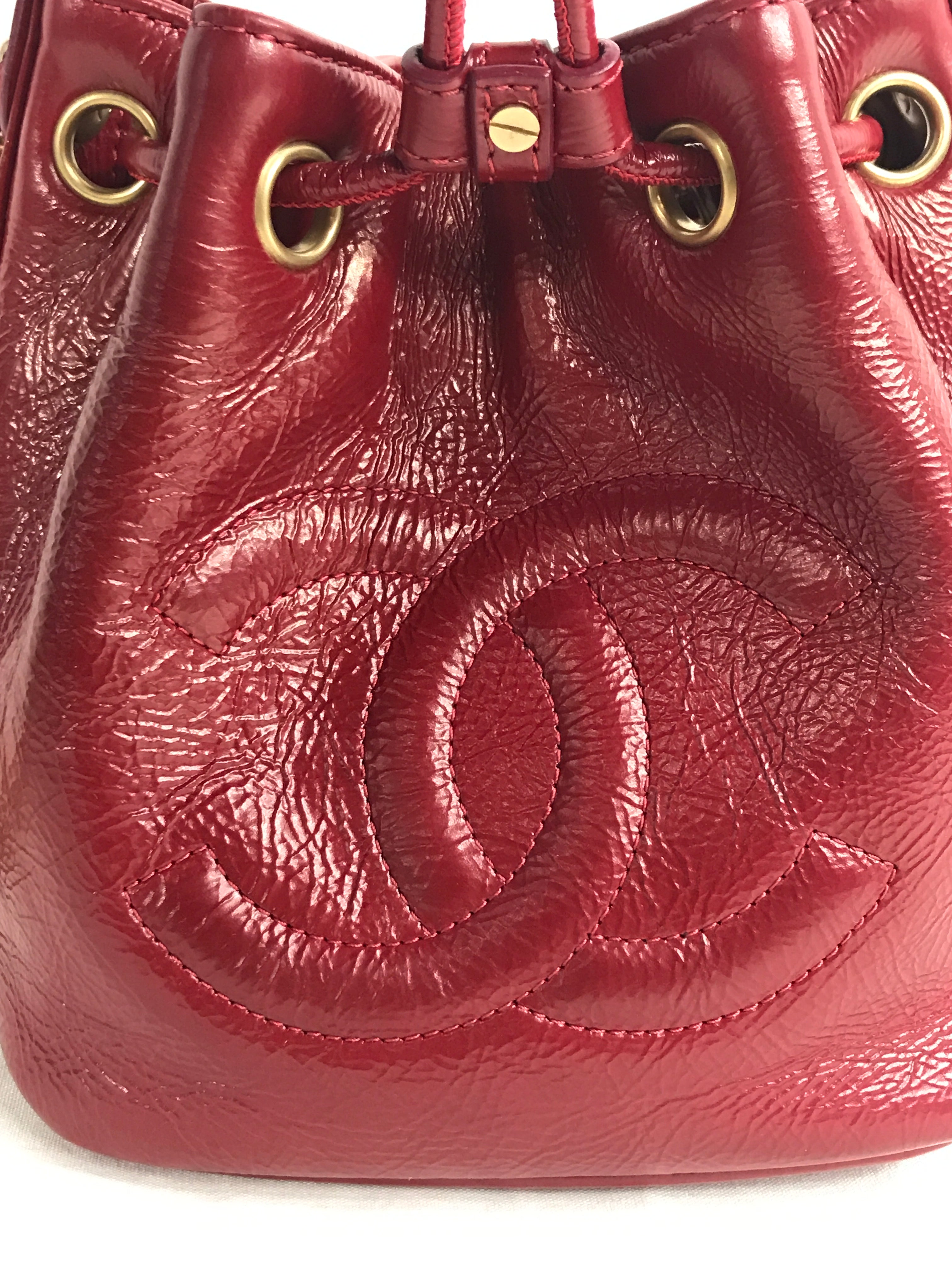 Red Shiny Aged Calfskin Leather Mini Bucket Bag w/AGHW Chain
