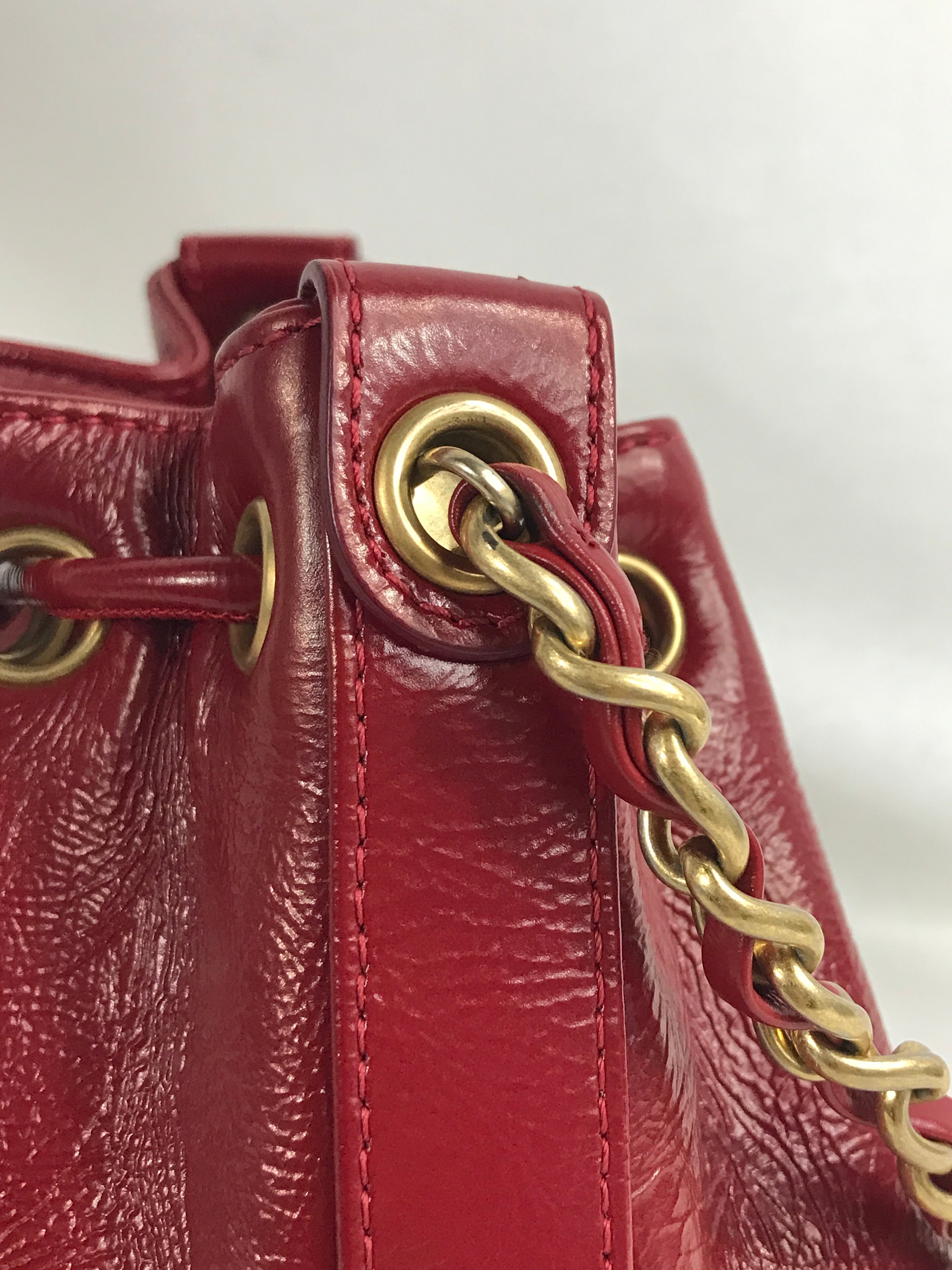 Red Shiny Aged Calfskin Leather Mini Bucket Bag w/AGHW Chain