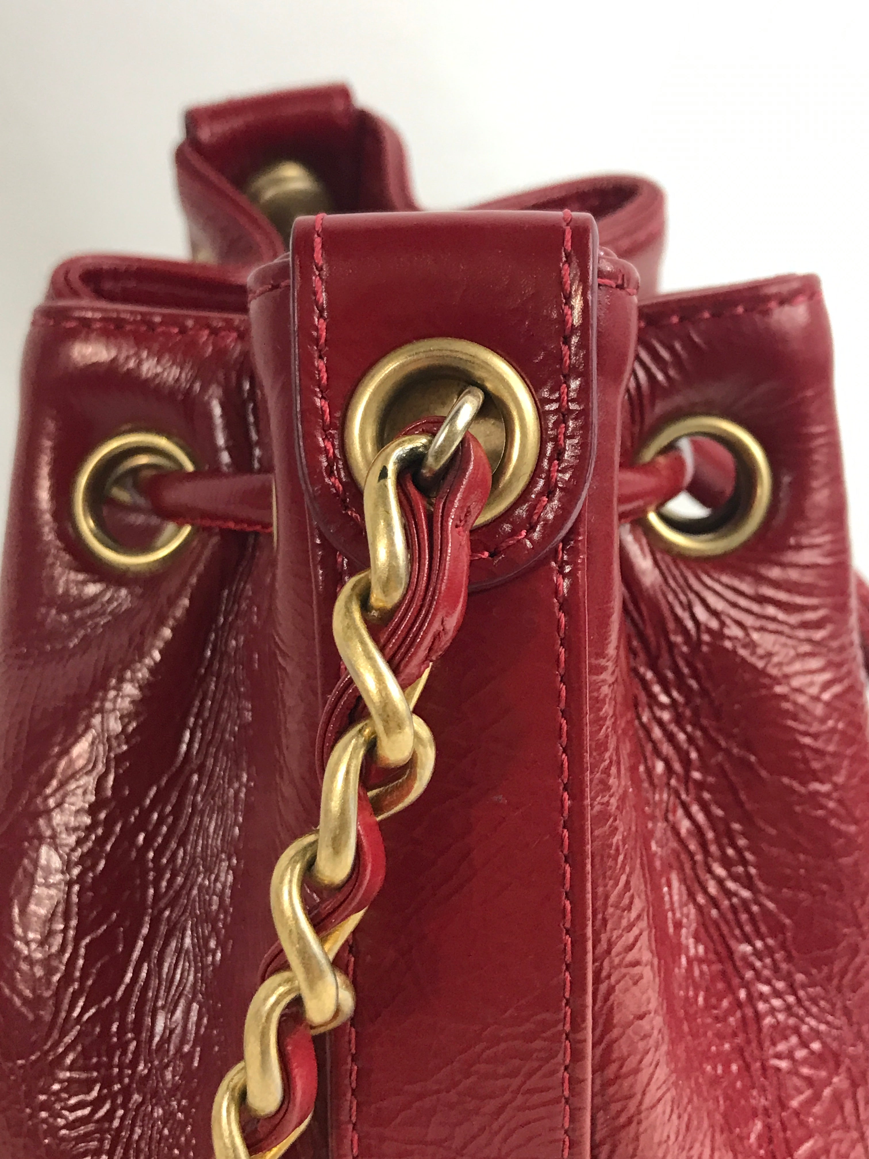 Red Shiny Aged Calfskin Leather Mini Bucket Bag w/AGHW Chain