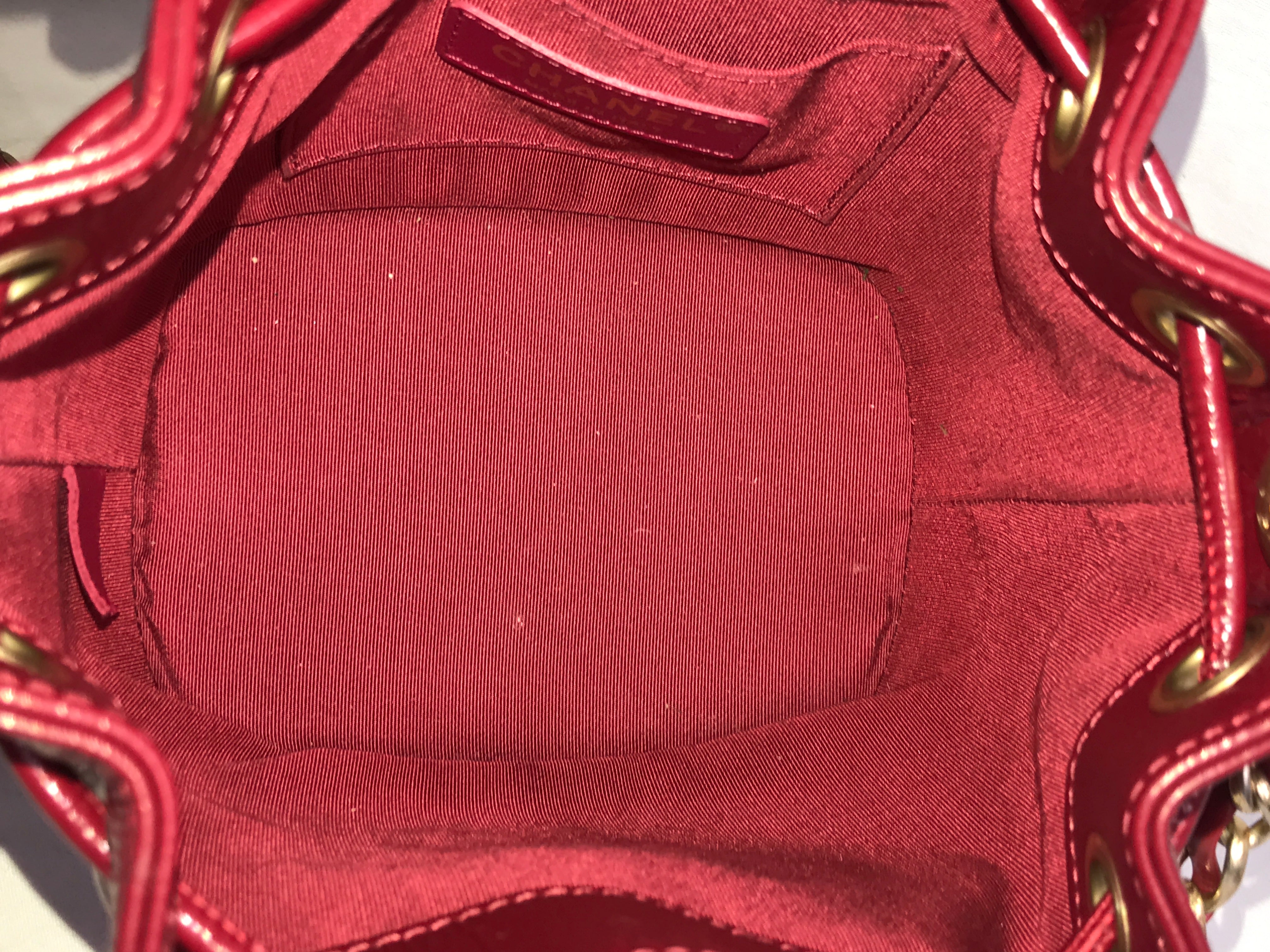 Red Shiny Aged Calfskin Leather Mini Bucket Bag w/AGHW Chain