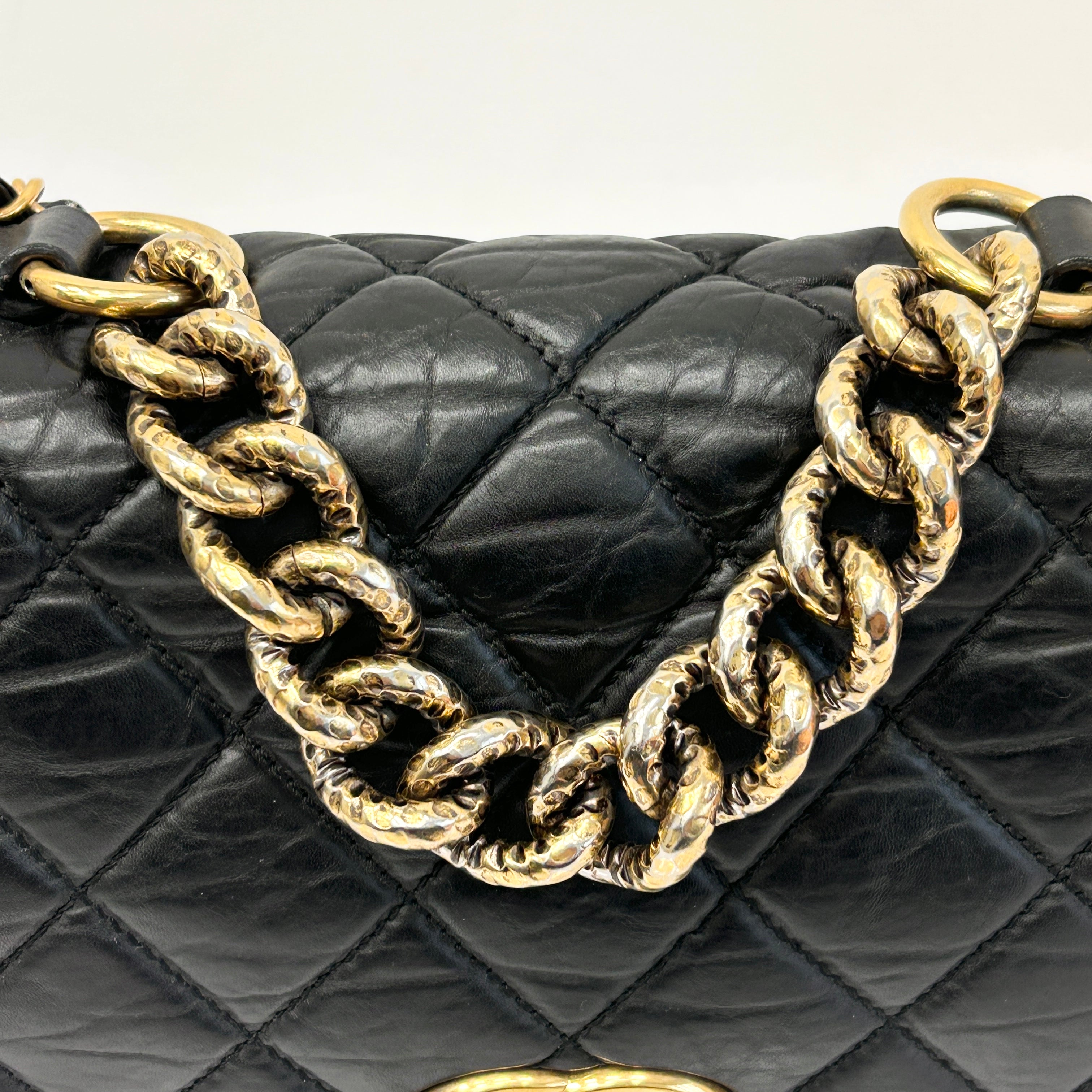 Black Quilted Aged Calfskin Quilted Medium Pondichery Flap Bag w/GHW