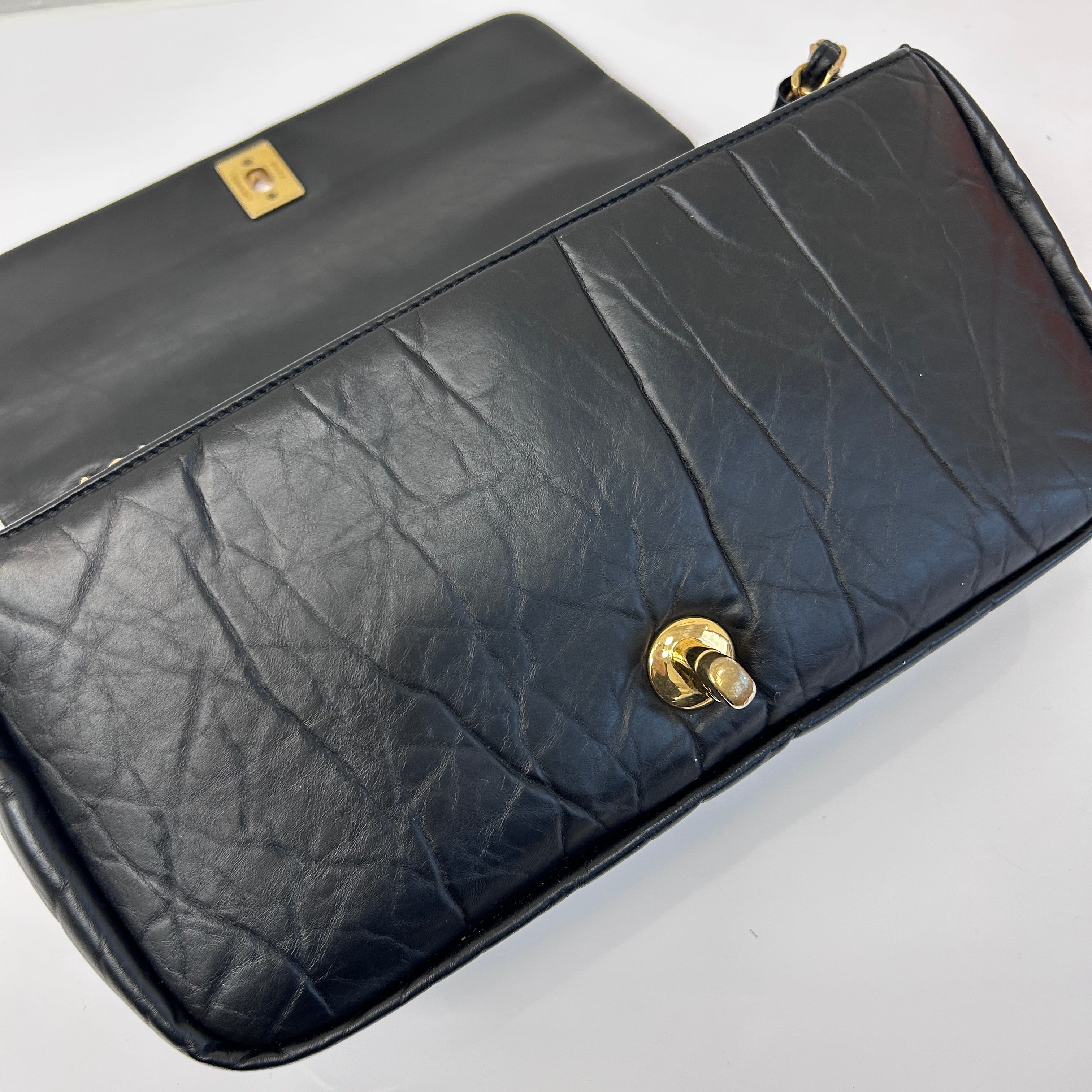Black Quilted Aged Calfskin Quilted Medium Pondichery Flap Bag w/GHW