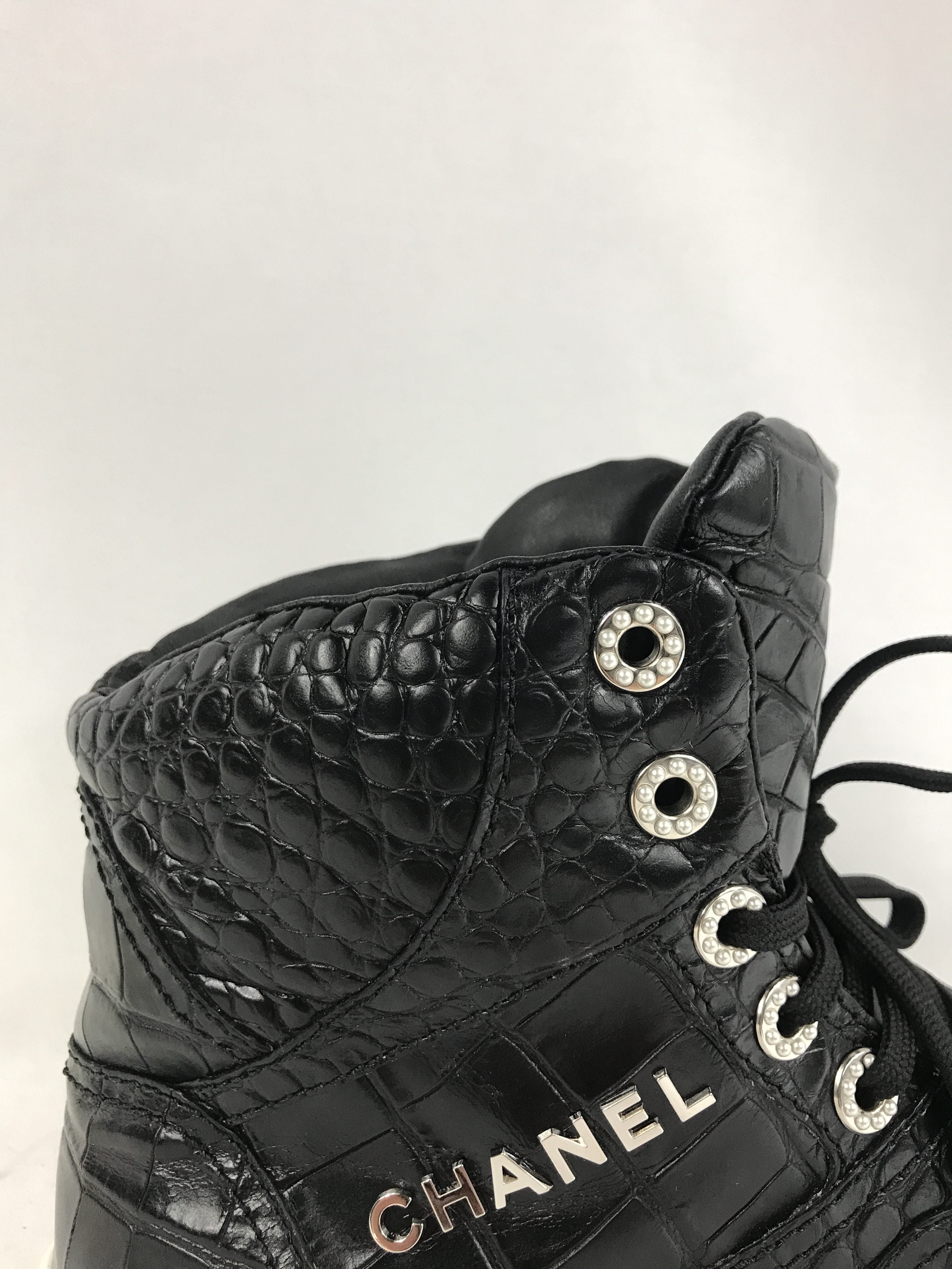 Black 19A Croc Embossed Calfskin Leather W/ accent pearls High Top Sneakers