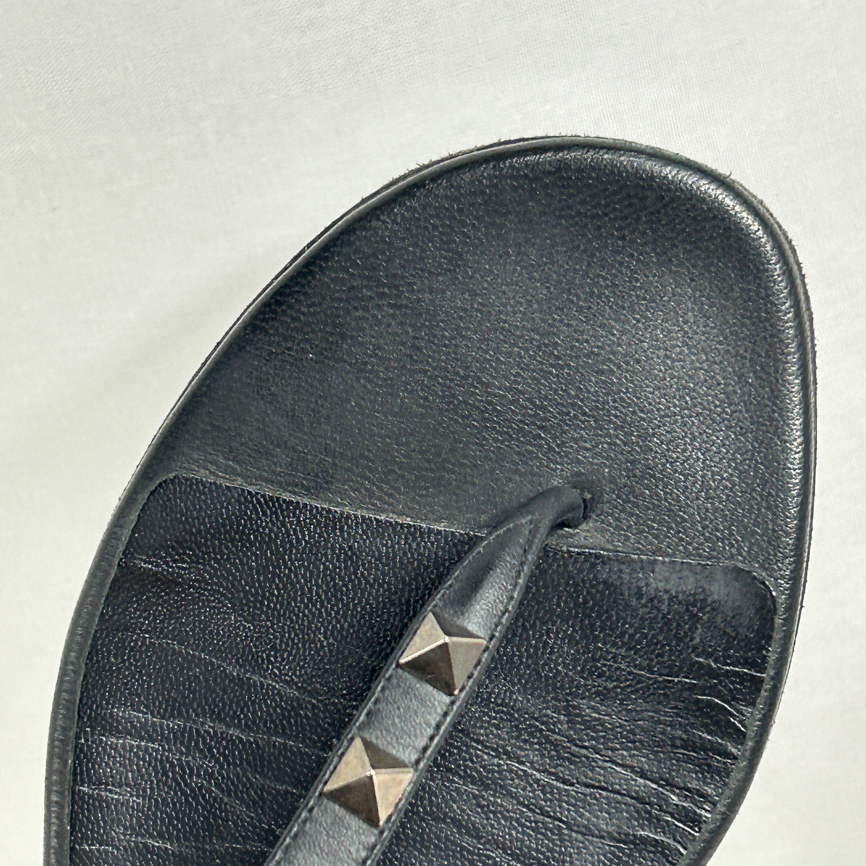 Black Leather Rockstud Flat Sandals