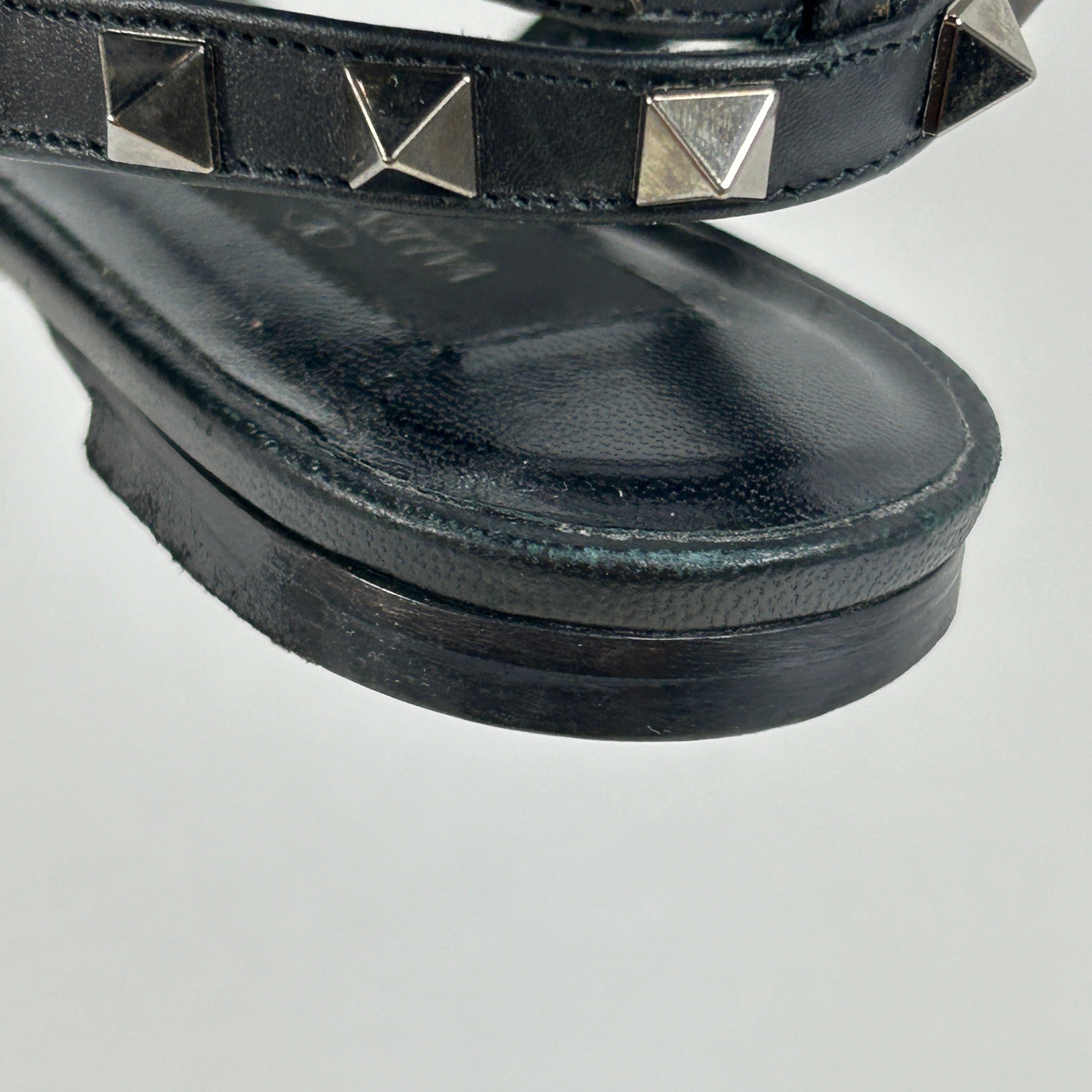 Black Leather Rockstud Flat Sandals