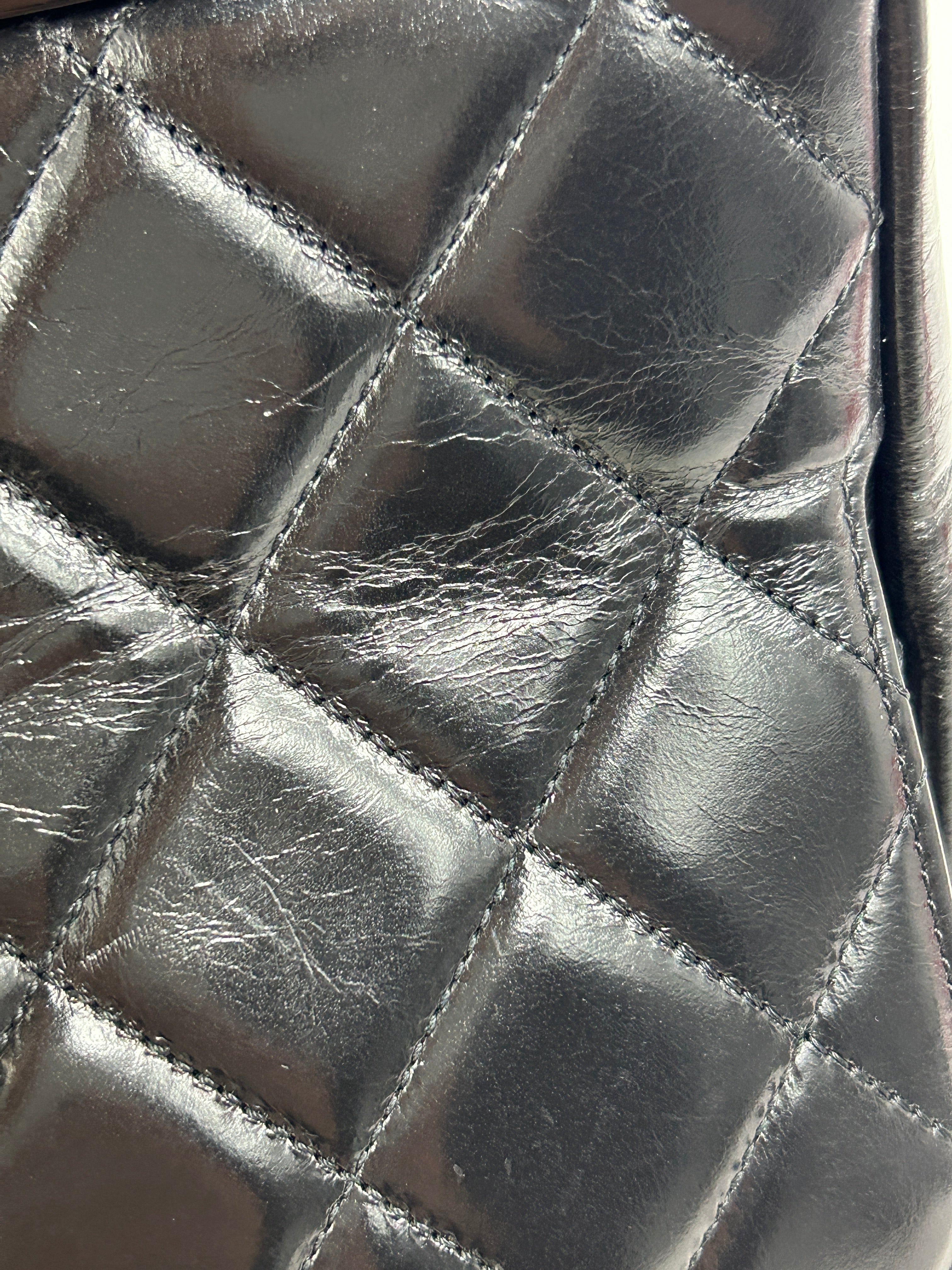Black Quilted Glazed Calfskin Leather Supermarket Large CC Delivery Tote W/SHW