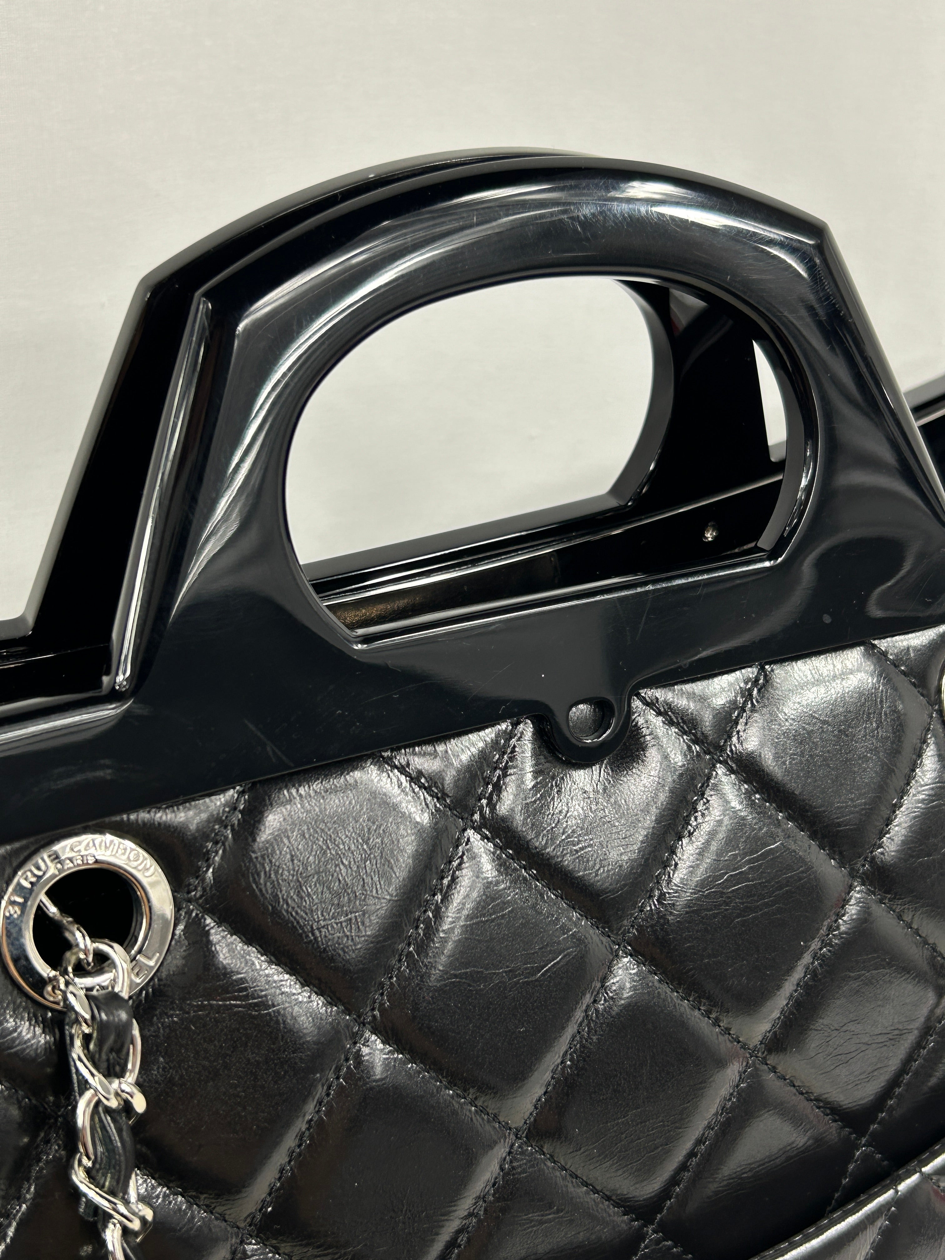 Black Quilted Glazed Calfskin Leather Supermarket Large CC Delivery Tote W/SHW