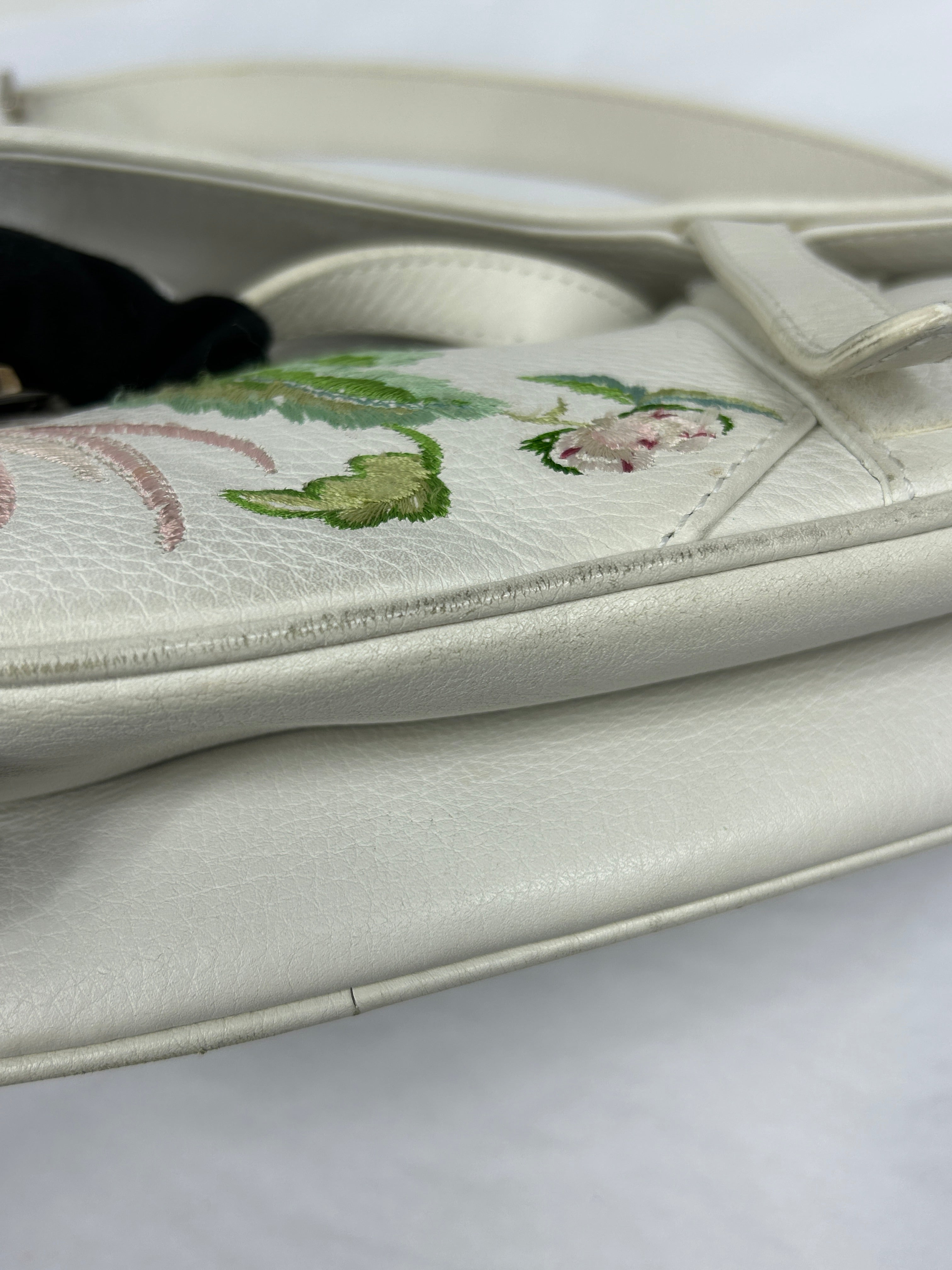 White Grained Calfskin Embroidered Romantic Flowers Saddle Bag w/SHW