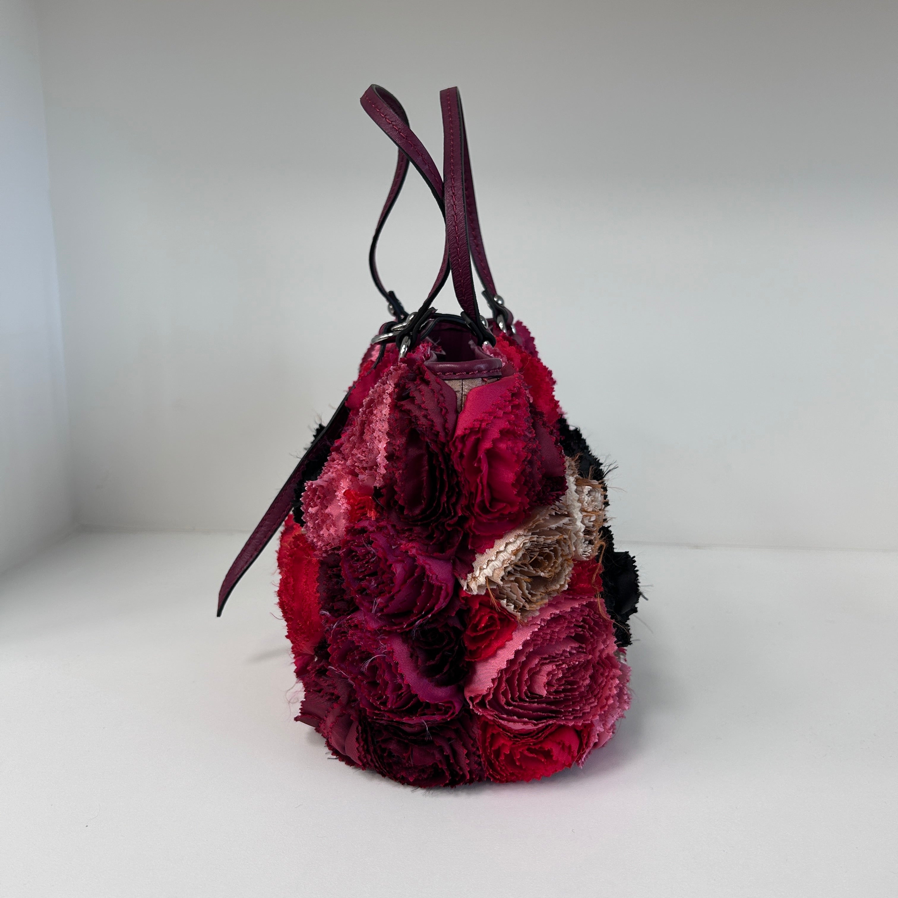 Red Satin/Leather Applique Flower Shopper Tote
