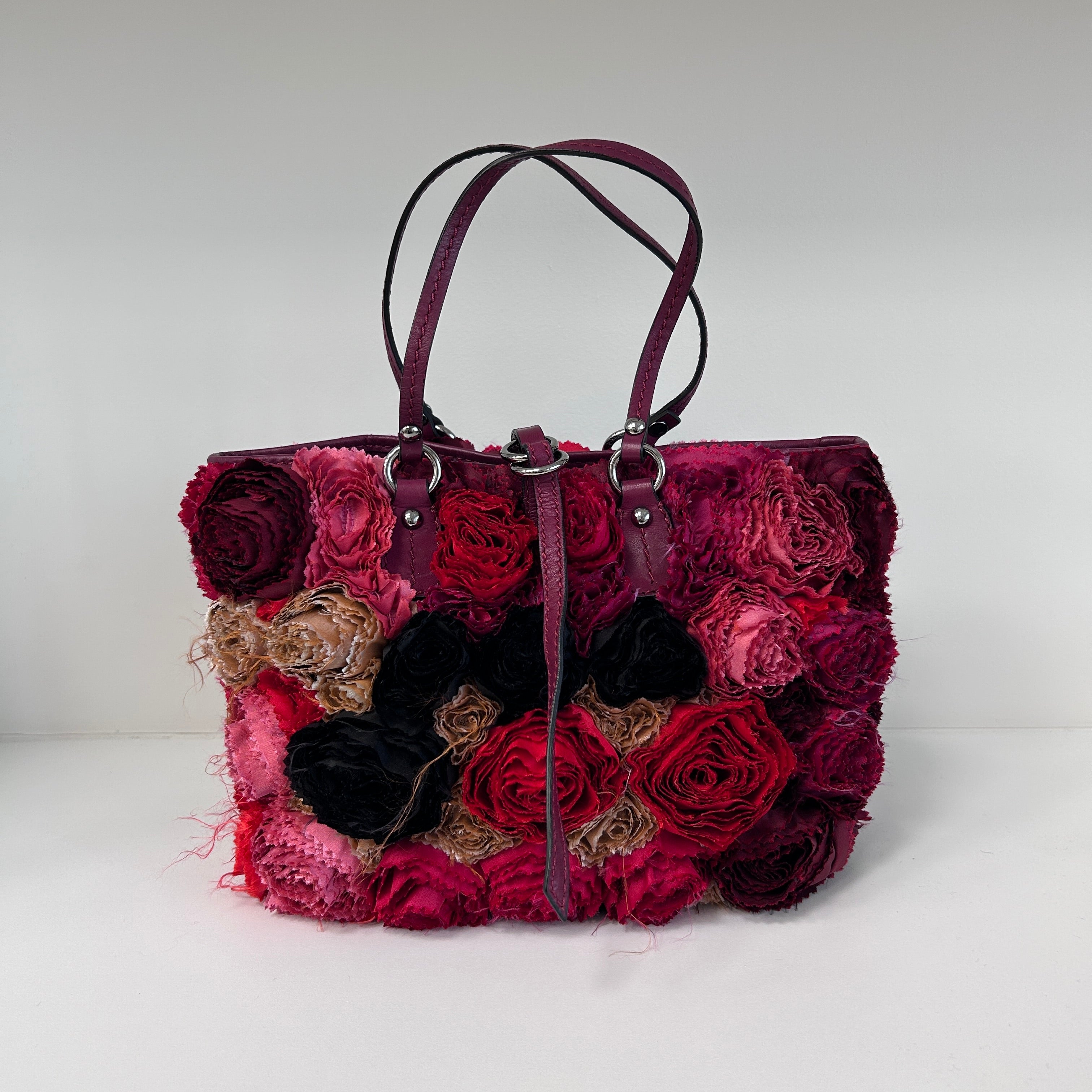 Red Satin/Leather Applique Flower Shopper Tote
