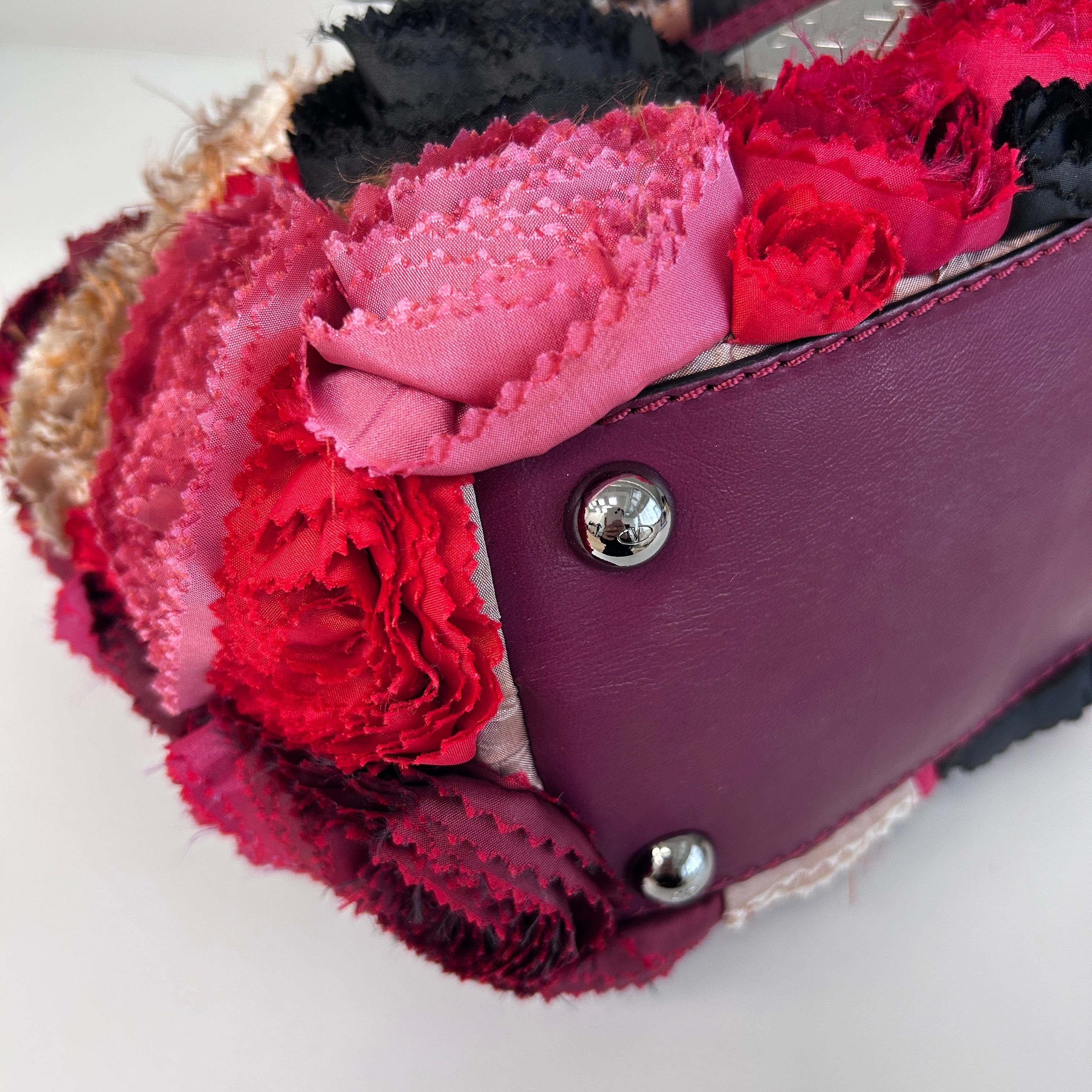 Red Satin/Leather Applique Flower Shopper Tote