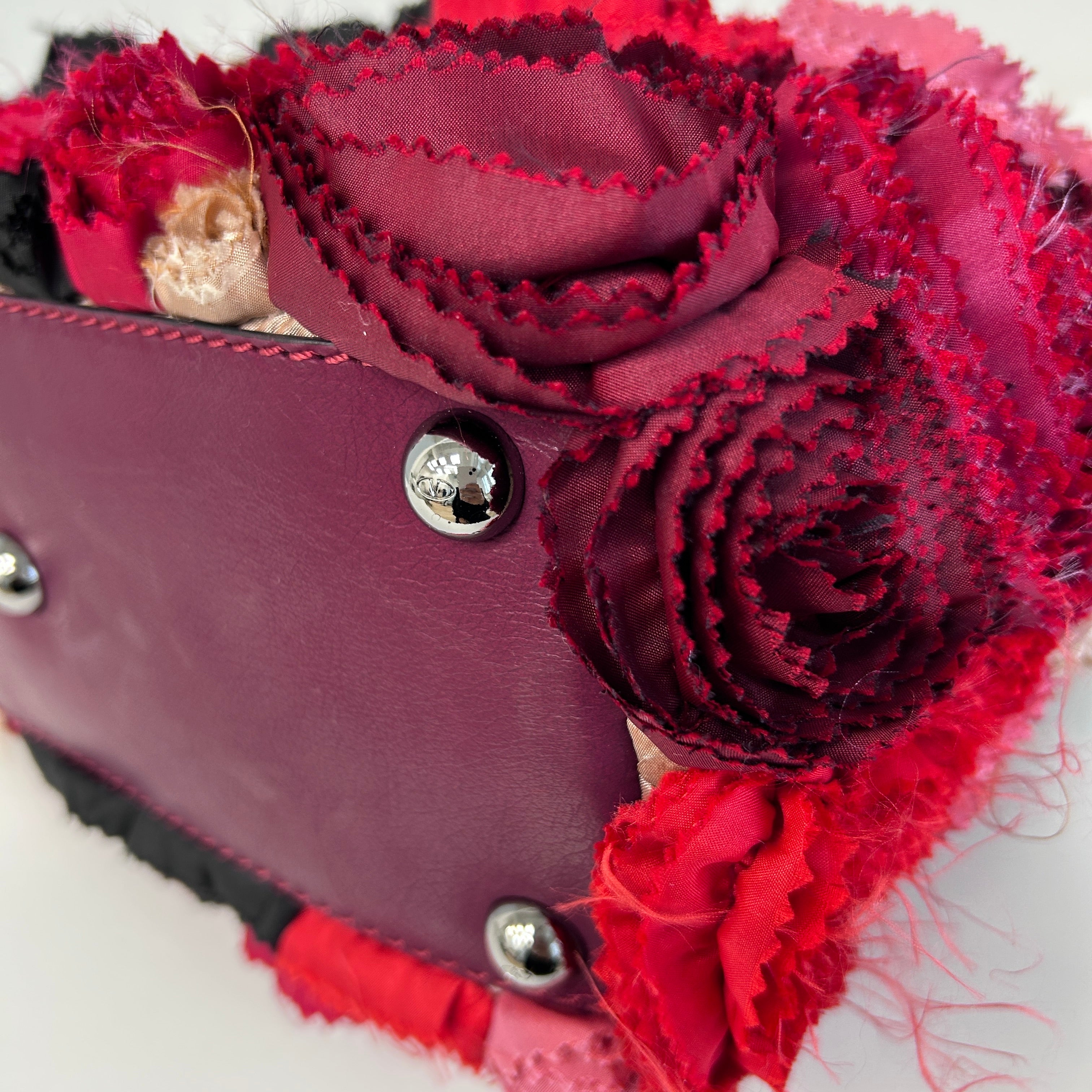 Red Satin/Leather Applique Flower Shopper Tote