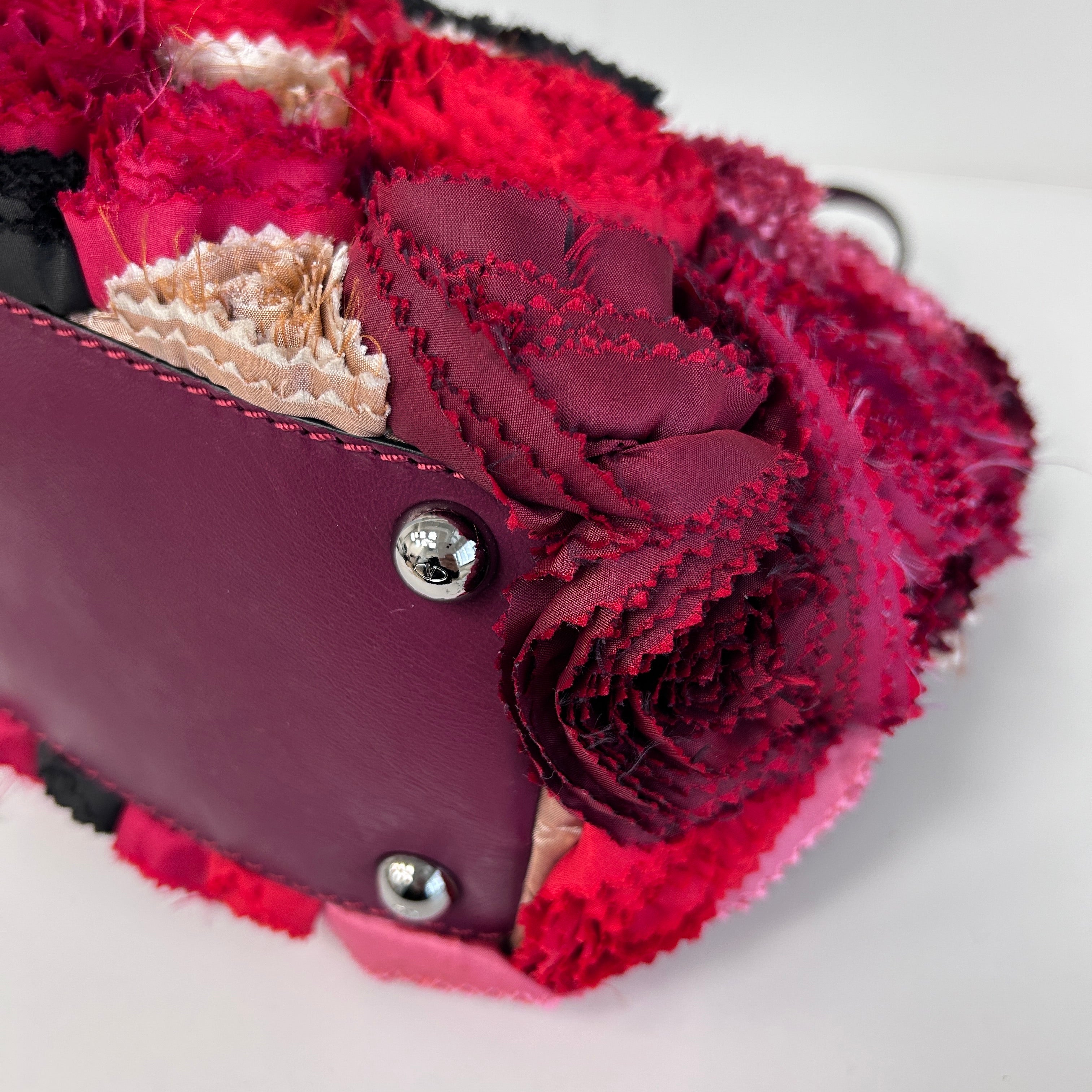 Red Satin/Leather Applique Flower Shopper Tote