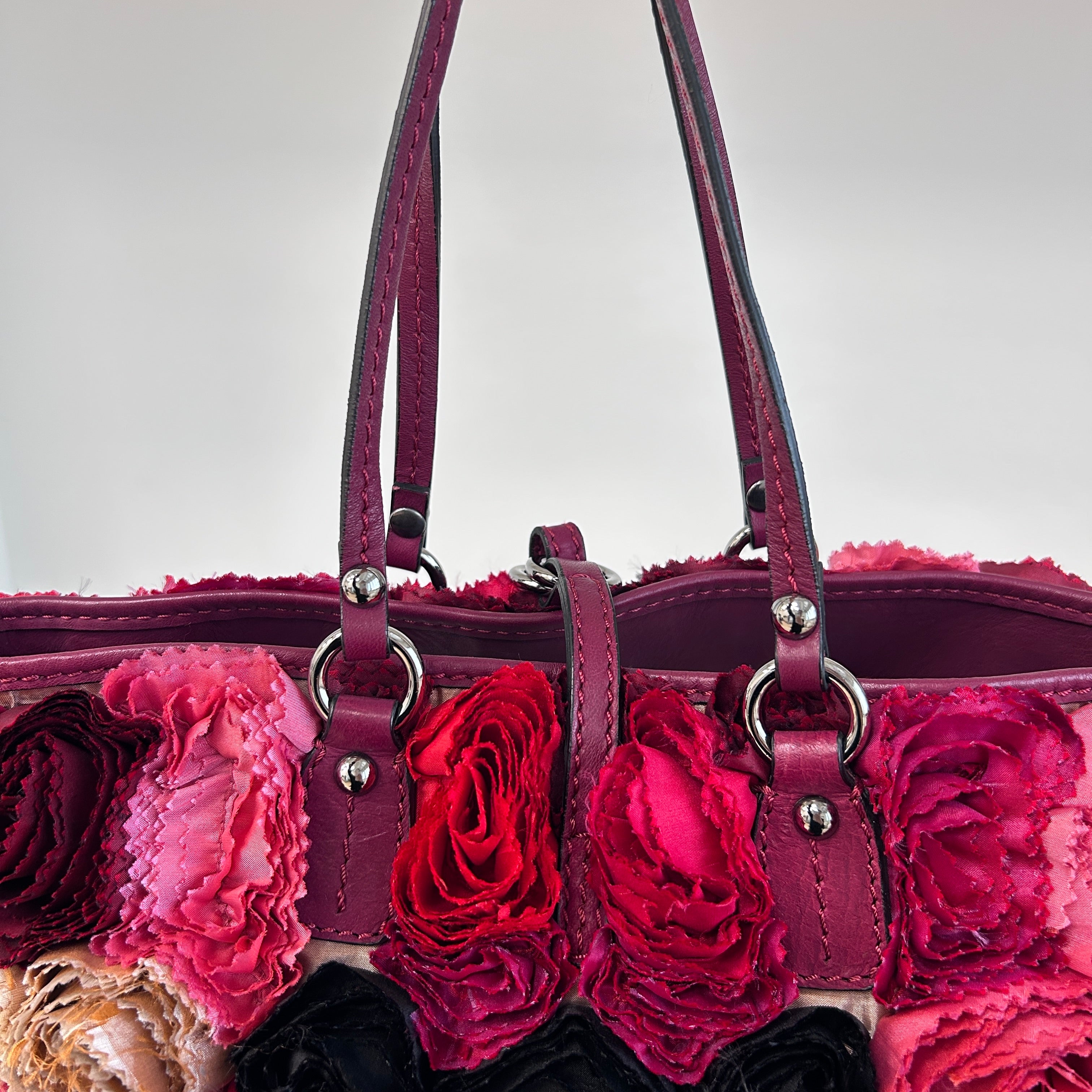 Red Satin/Leather Applique Flower Shopper Tote