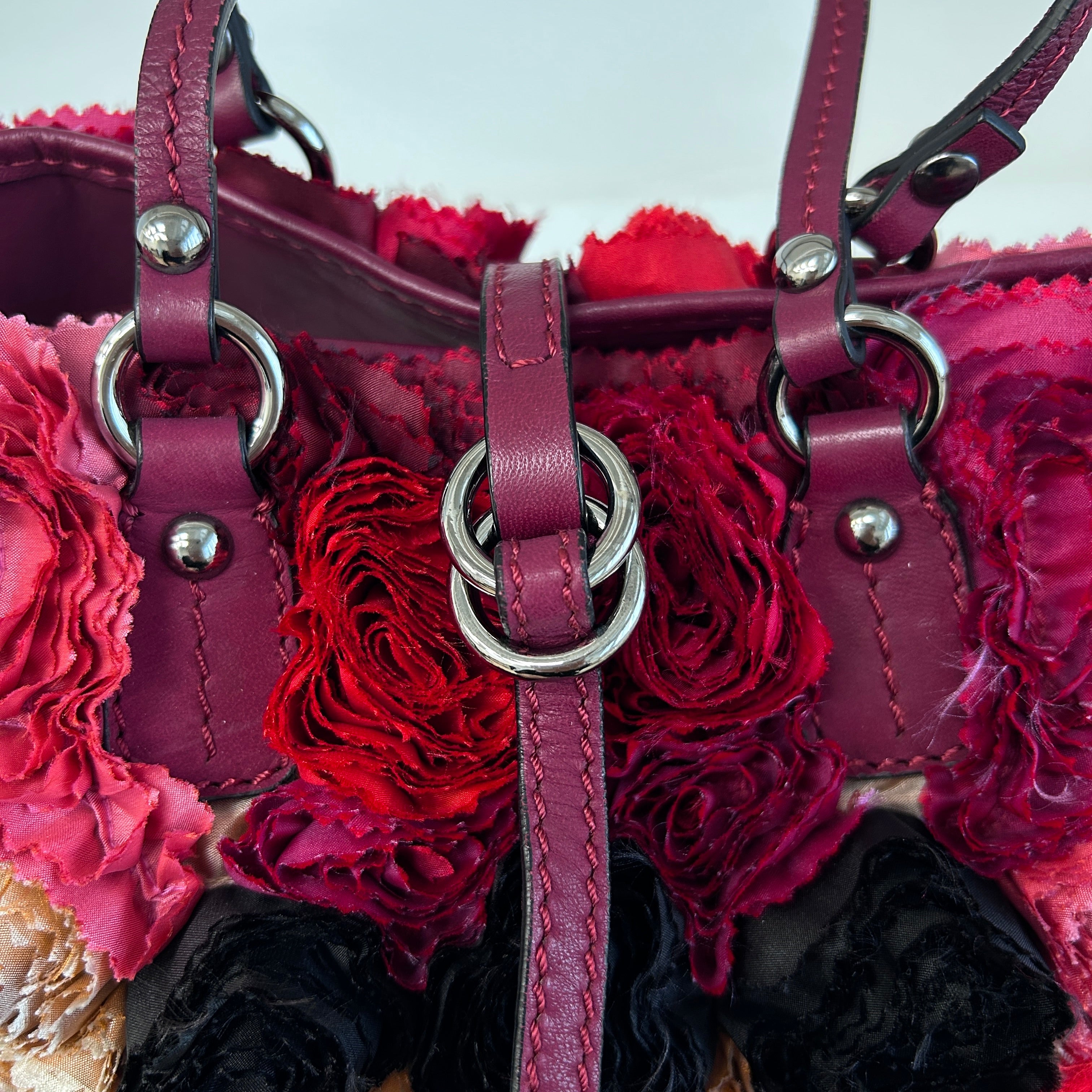 Red Satin/Leather Applique Flower Shopper Tote
