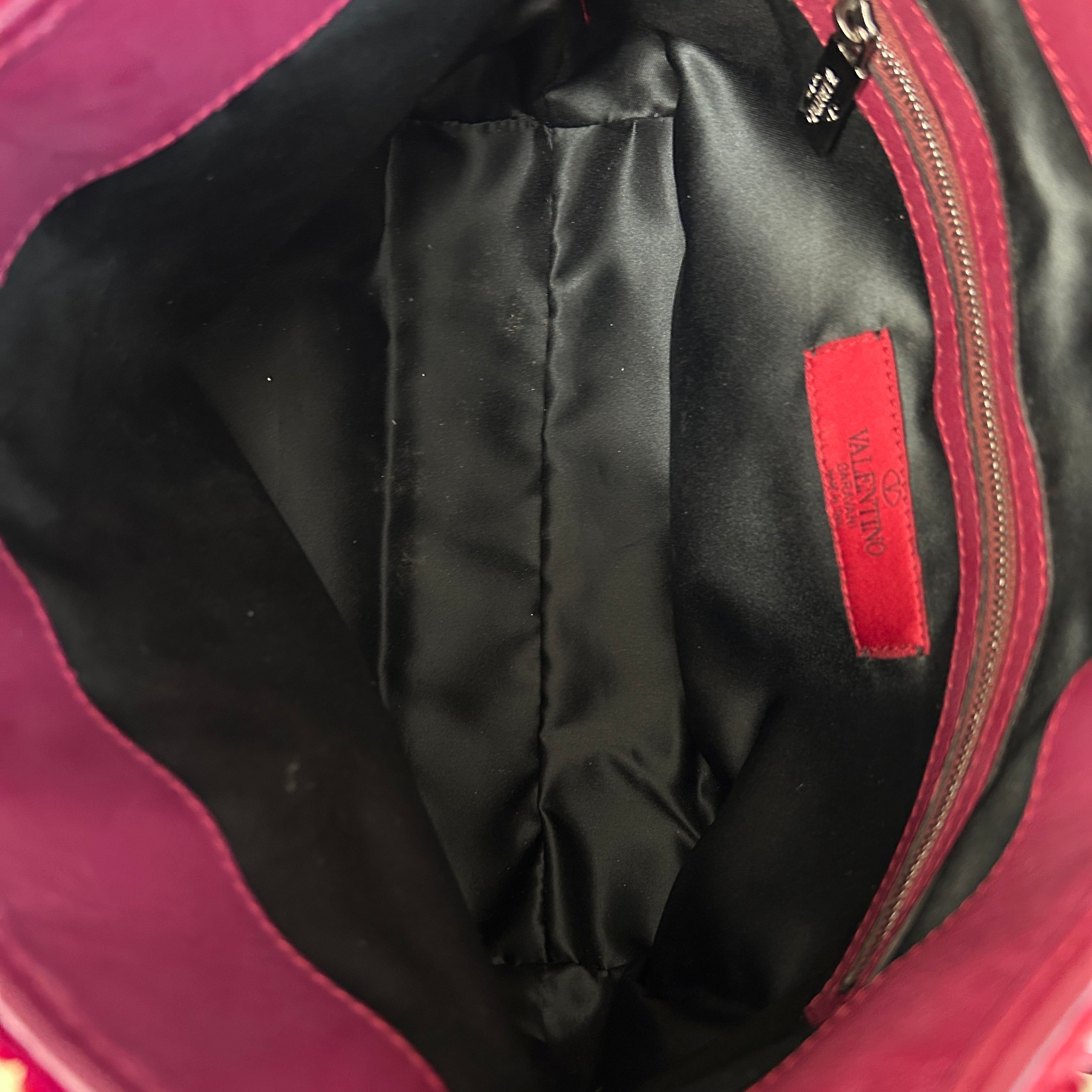 Red Satin/Leather Applique Flower Shopper Tote