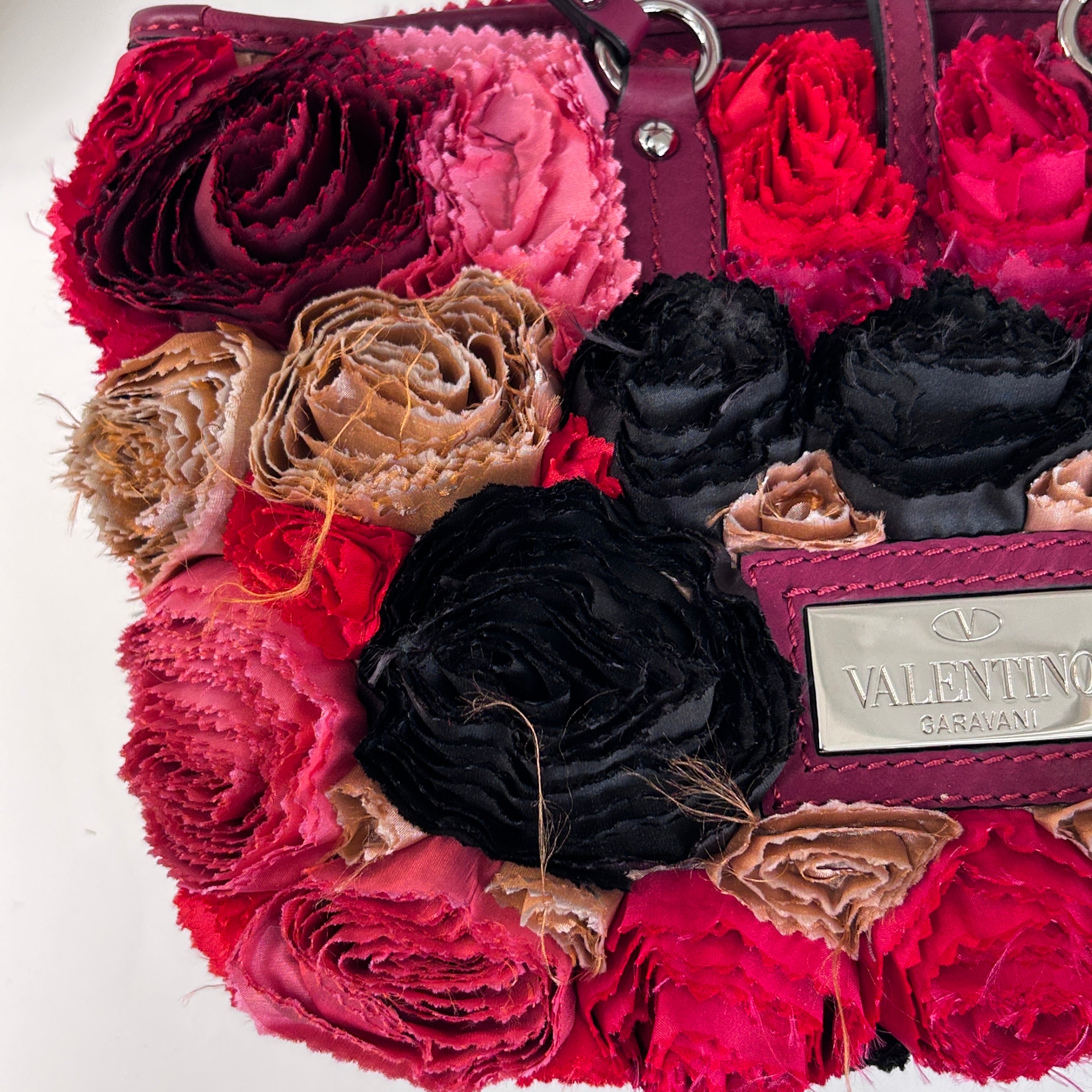 Red Satin/Leather Applique Flower Shopper Tote
