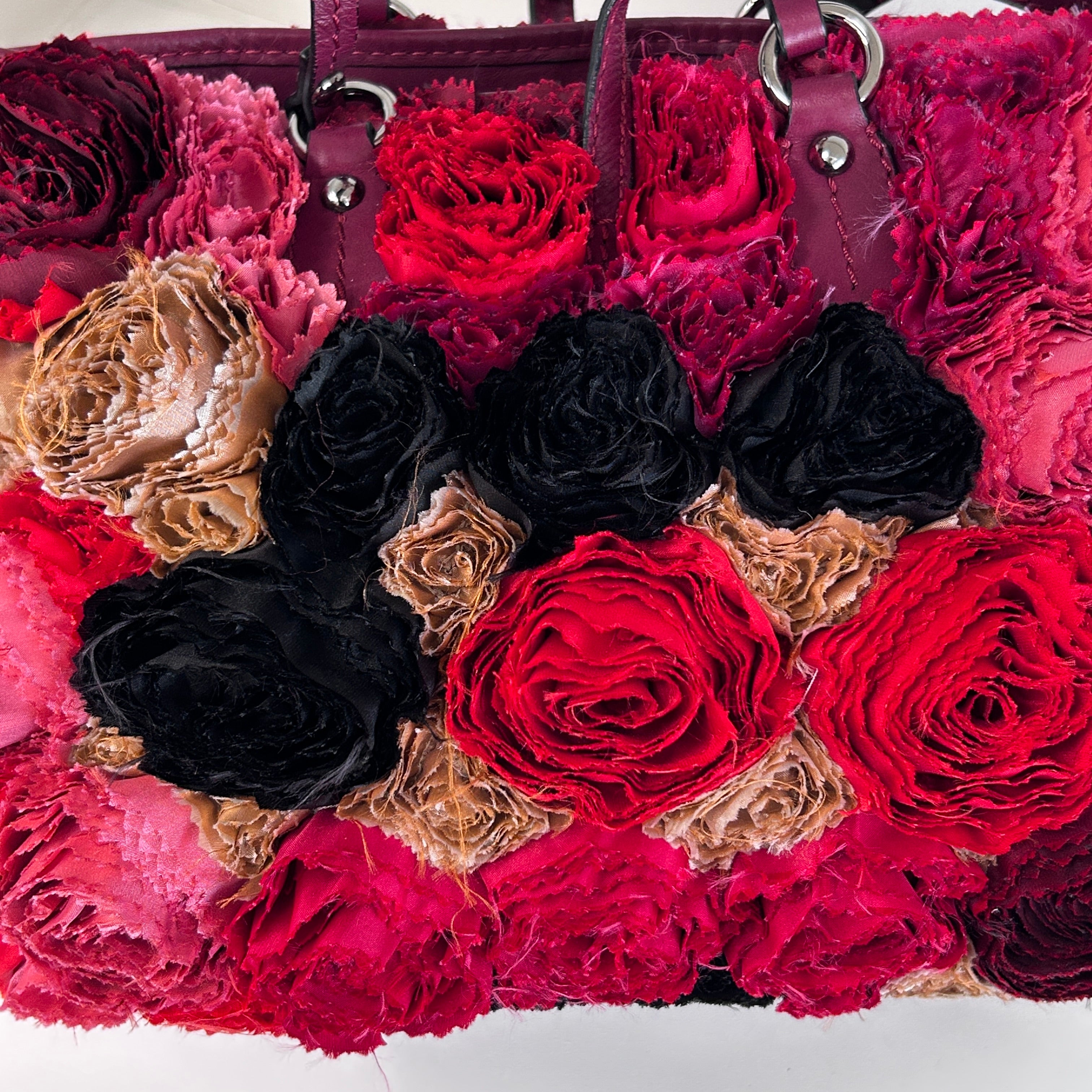 Red Satin/Leather Applique Flower Shopper Tote