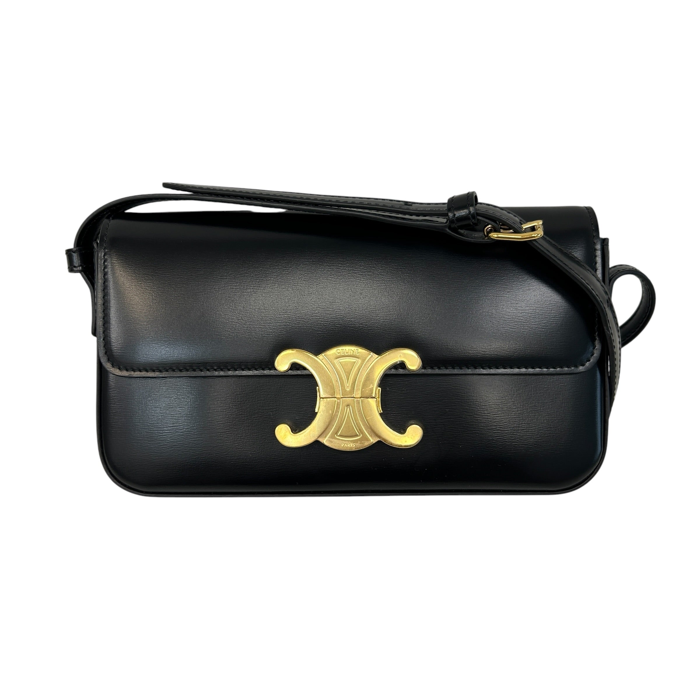 Black Shiny Calfskin Leather Claude Triomphe Shoulder Bag w/GHW