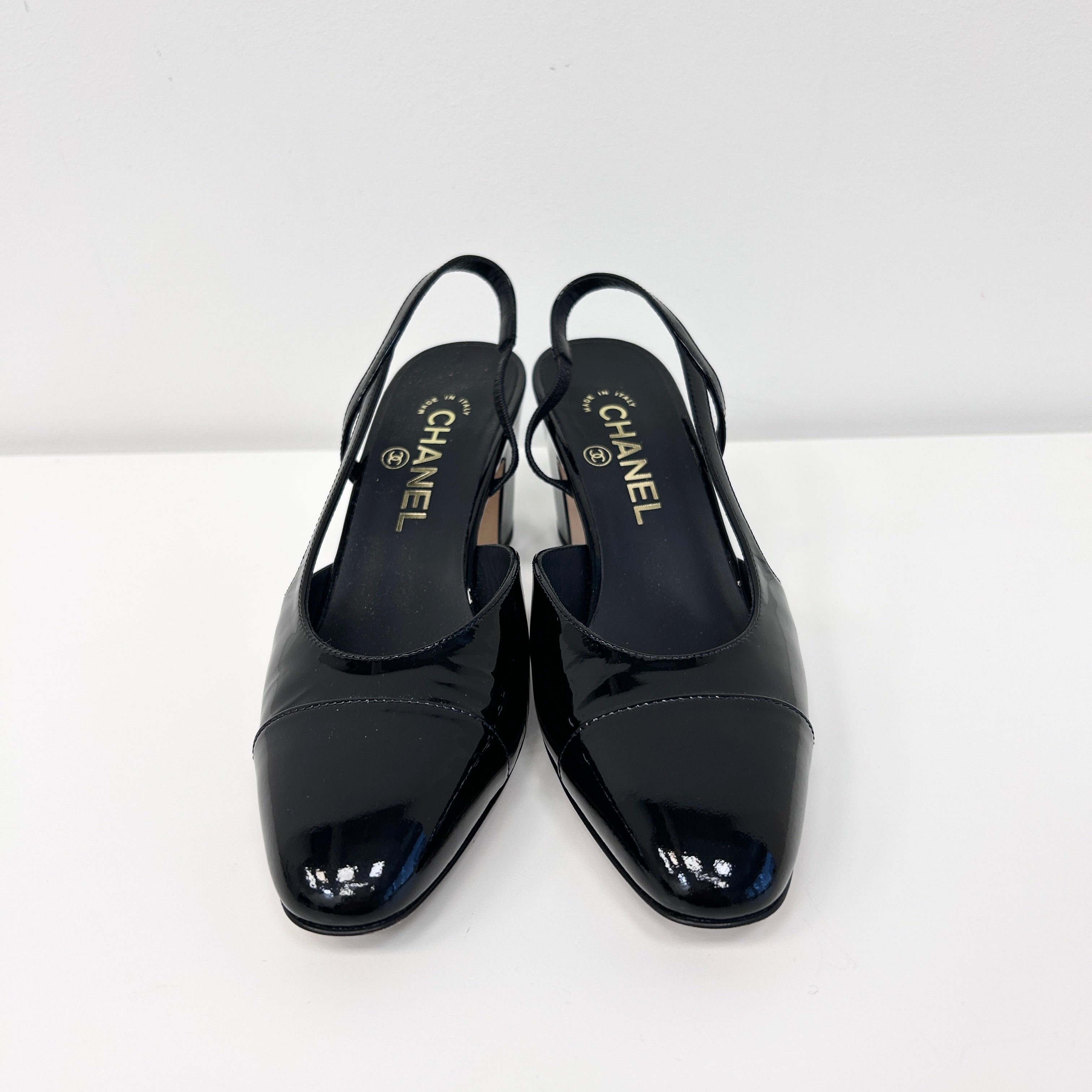 Black Patent Leather Cap Toe Slingback Sandals