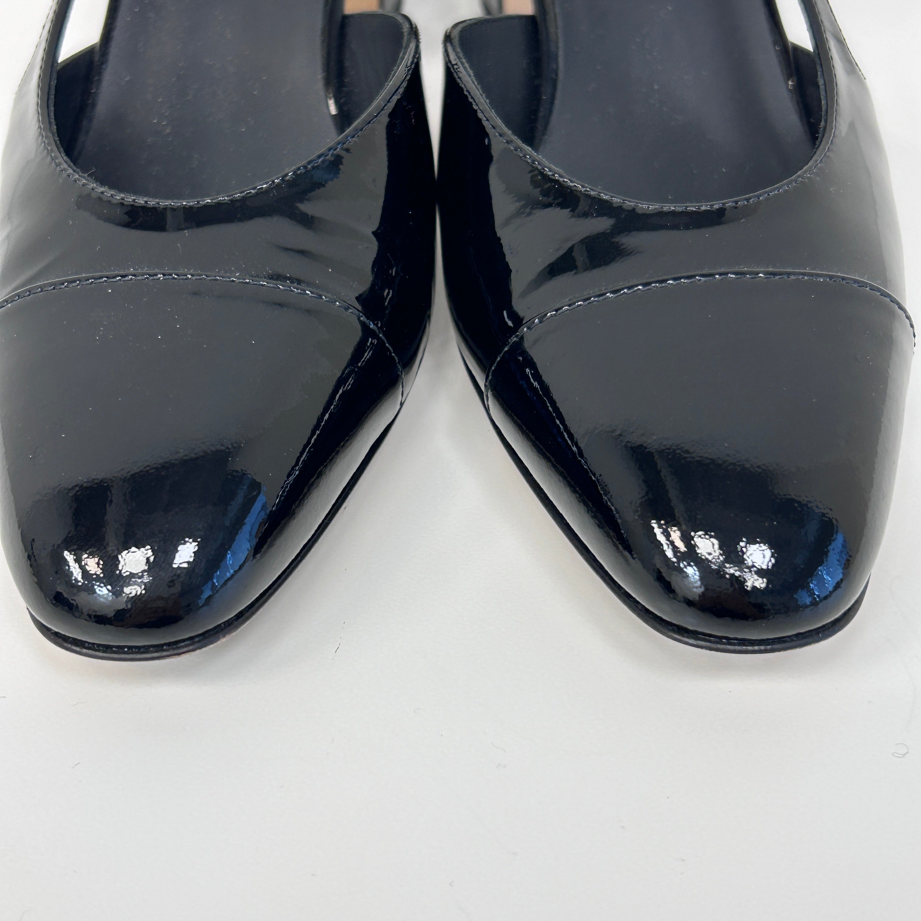 Black Patent Leather Cap Toe Slingback Sandals