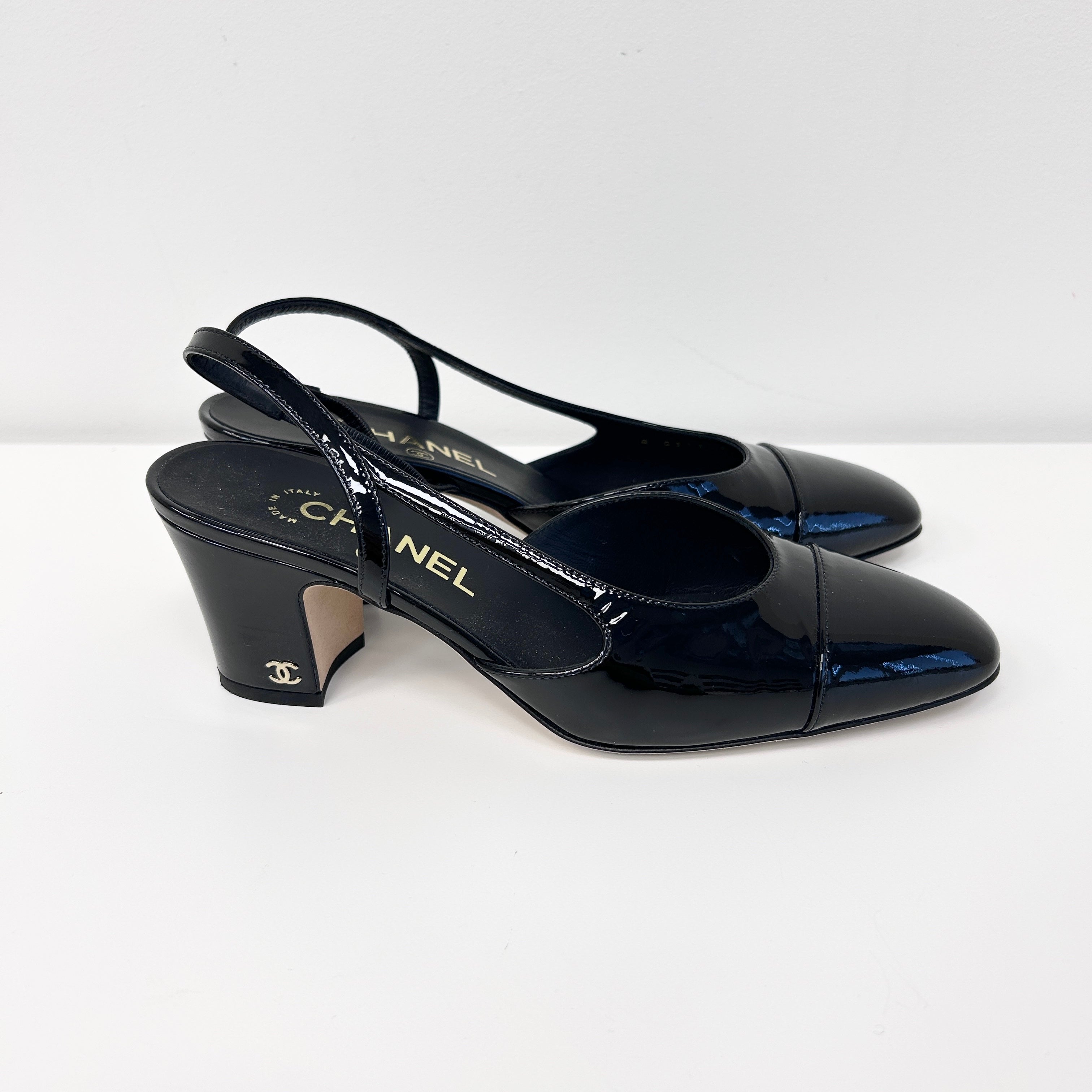 Black Patent Leather Cap Toe Slingback Sandals