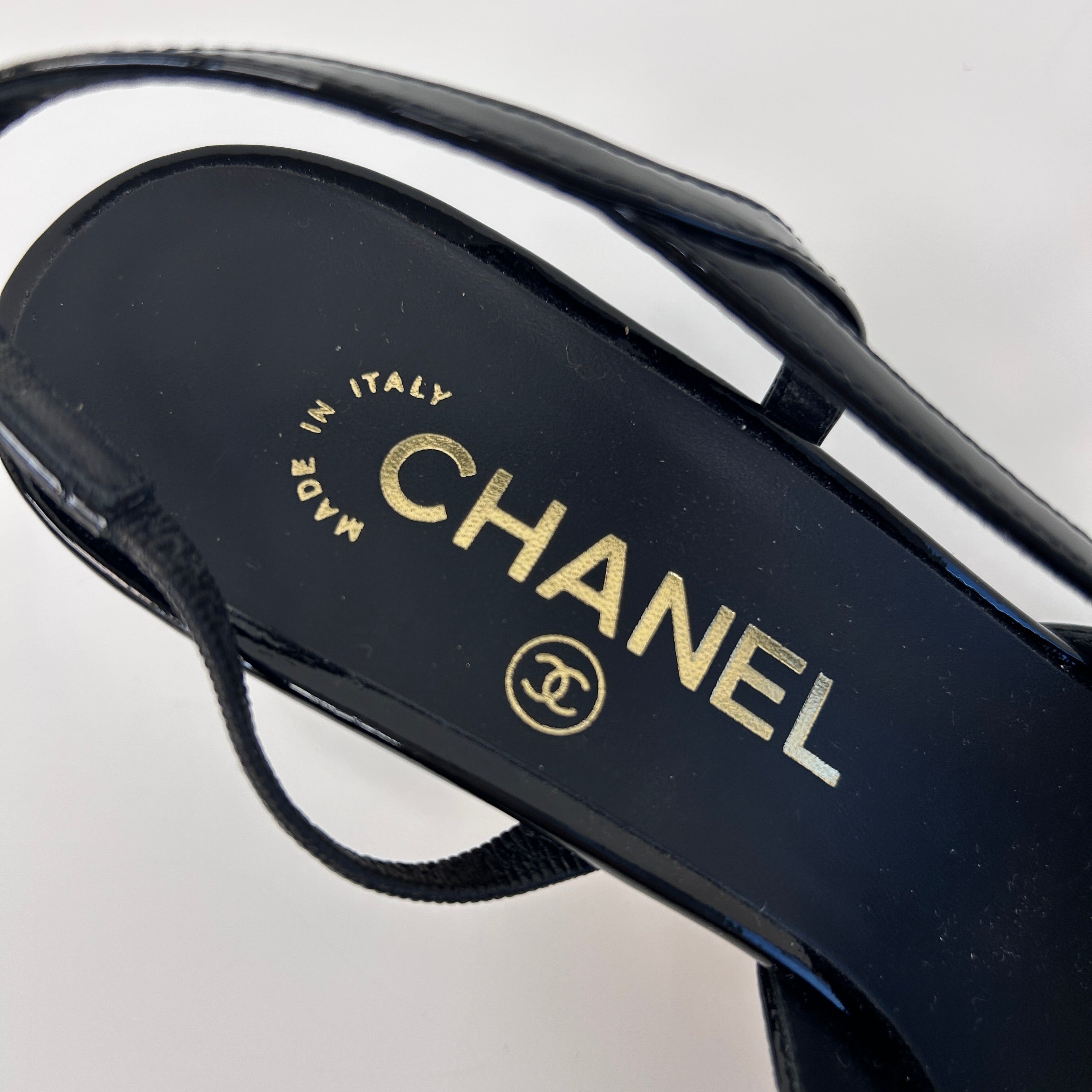 Black Patent Leather Cap Toe Slingback Sandals