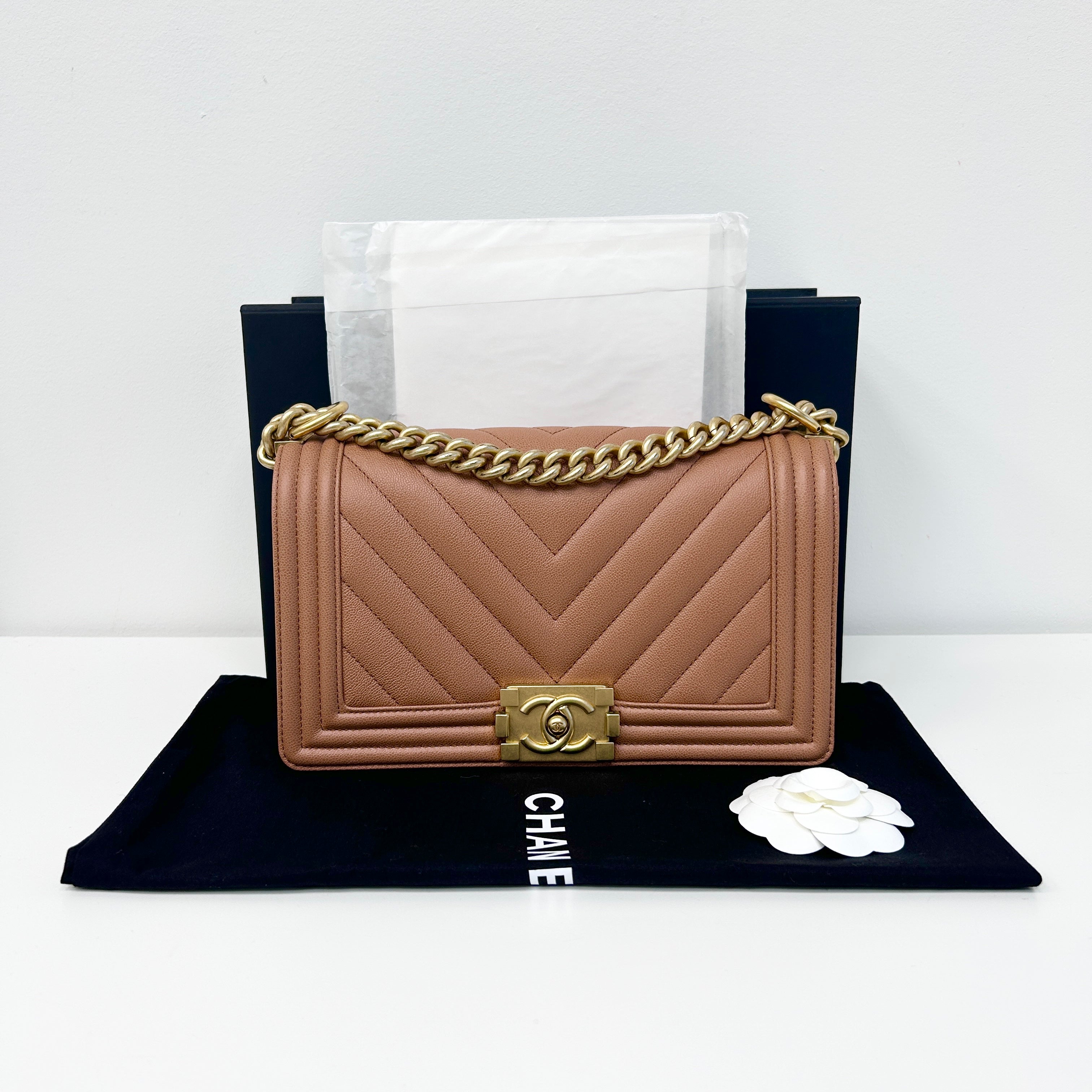Brown Chevron Quilted Caviar Leather Medium Boy Flap Bag w/AGHW