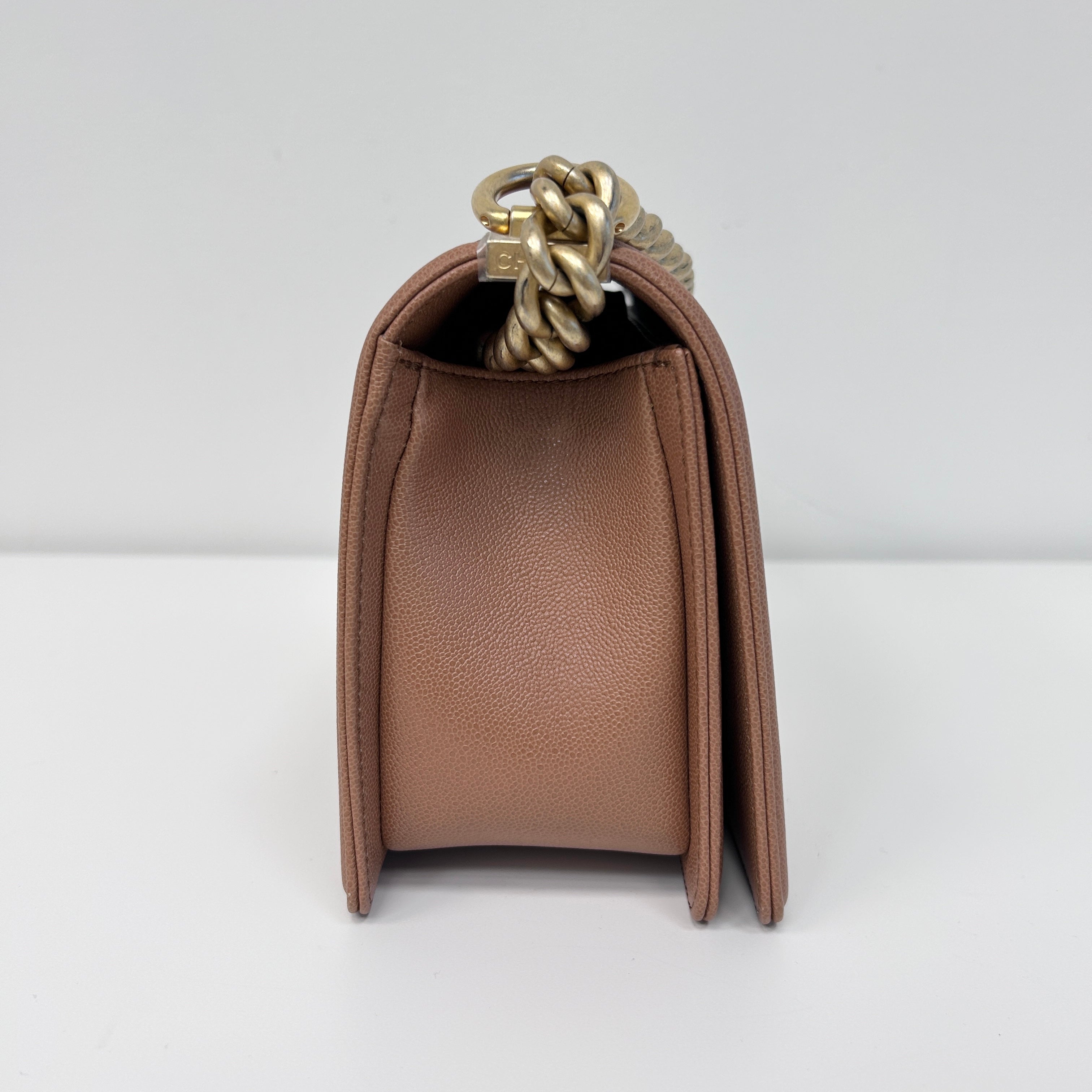 Brown Chevron Quilted Caviar Leather Medium Boy Flap Bag w/AGHW