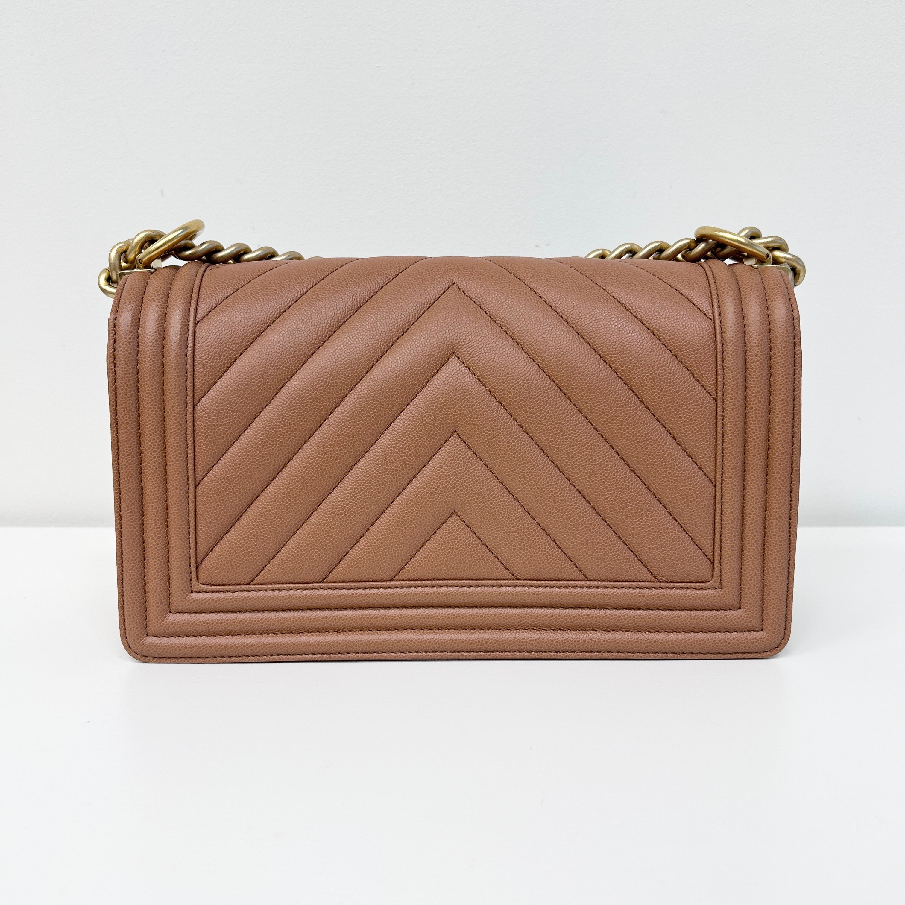 Brown Chevron Quilted Caviar Leather Medium Boy Flap Bag w/AGHW