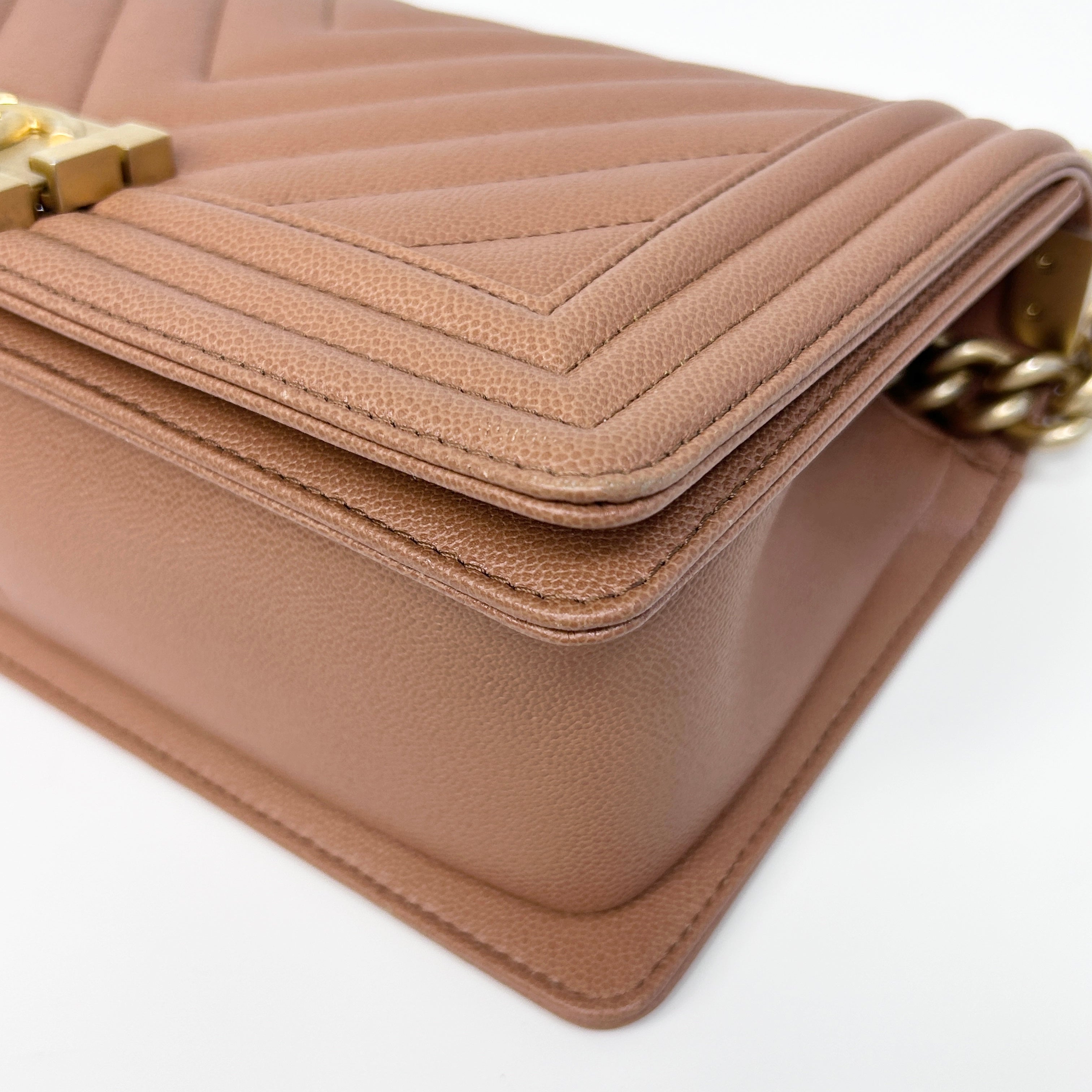 Brown Chevron Quilted Caviar Leather Medium Boy Flap Bag w/AGHW