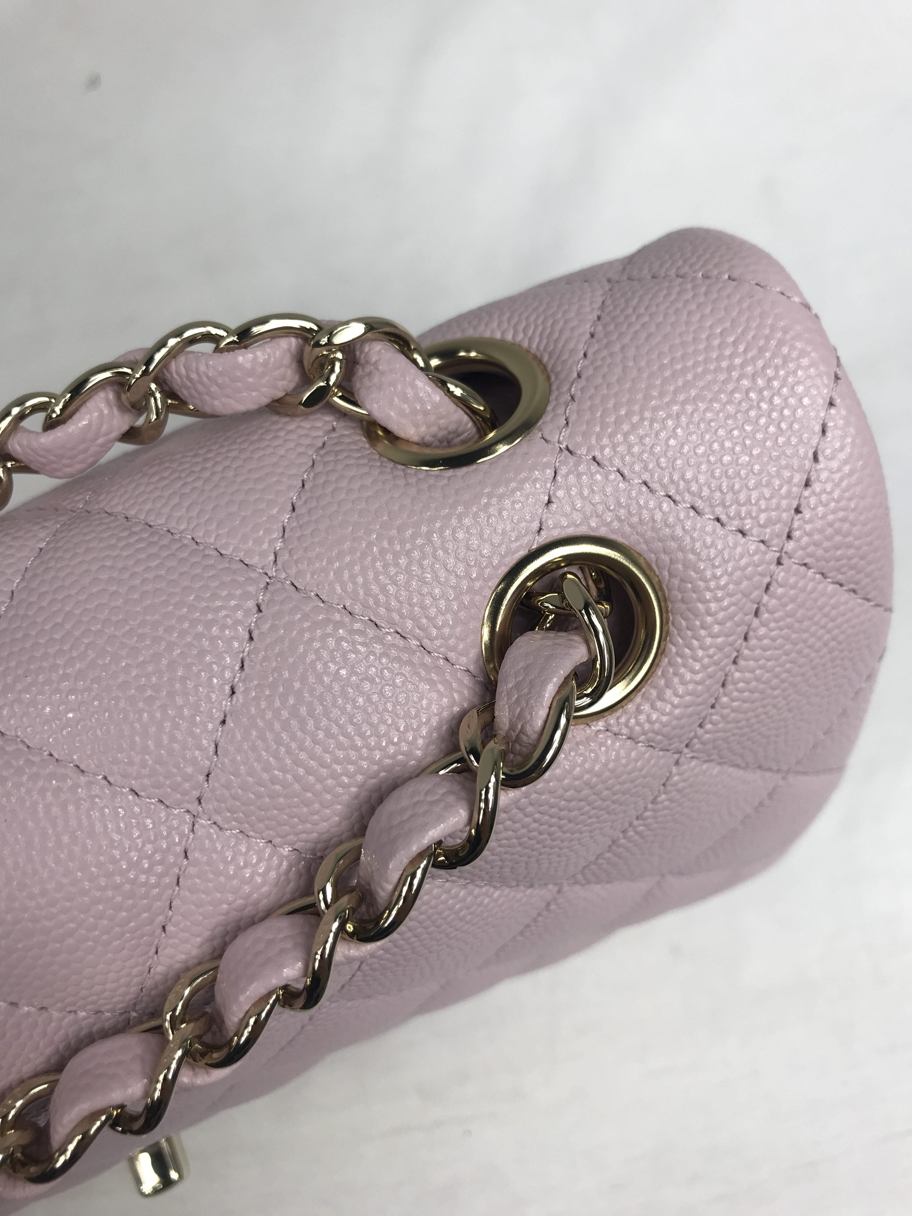 21S Rose Clair Lilac Pink Caviar Quilted Medium Double Flap w/GHW