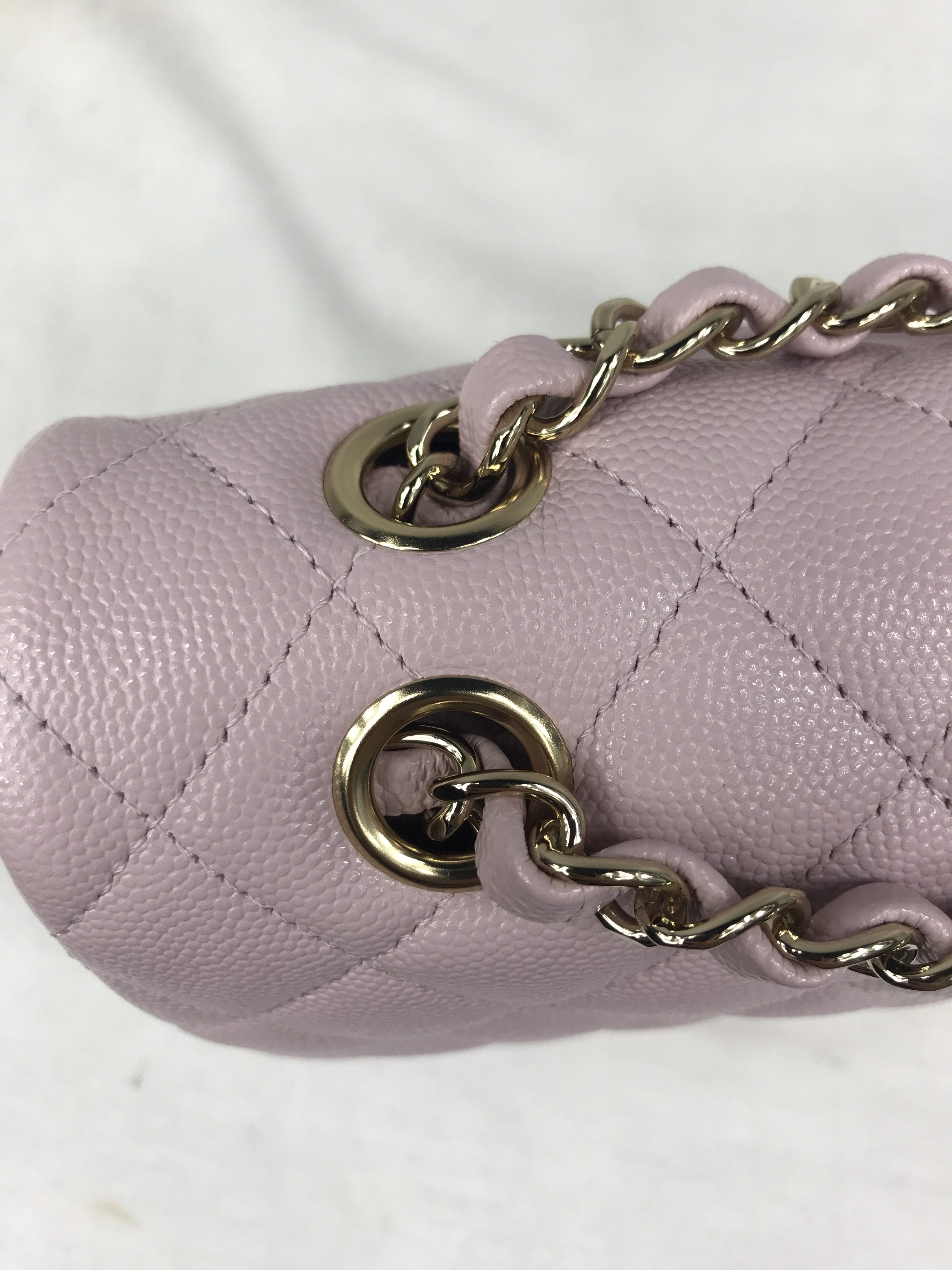 21S Rose Clair Lilac Pink Caviar Quilted Medium Double Flap w/GHW