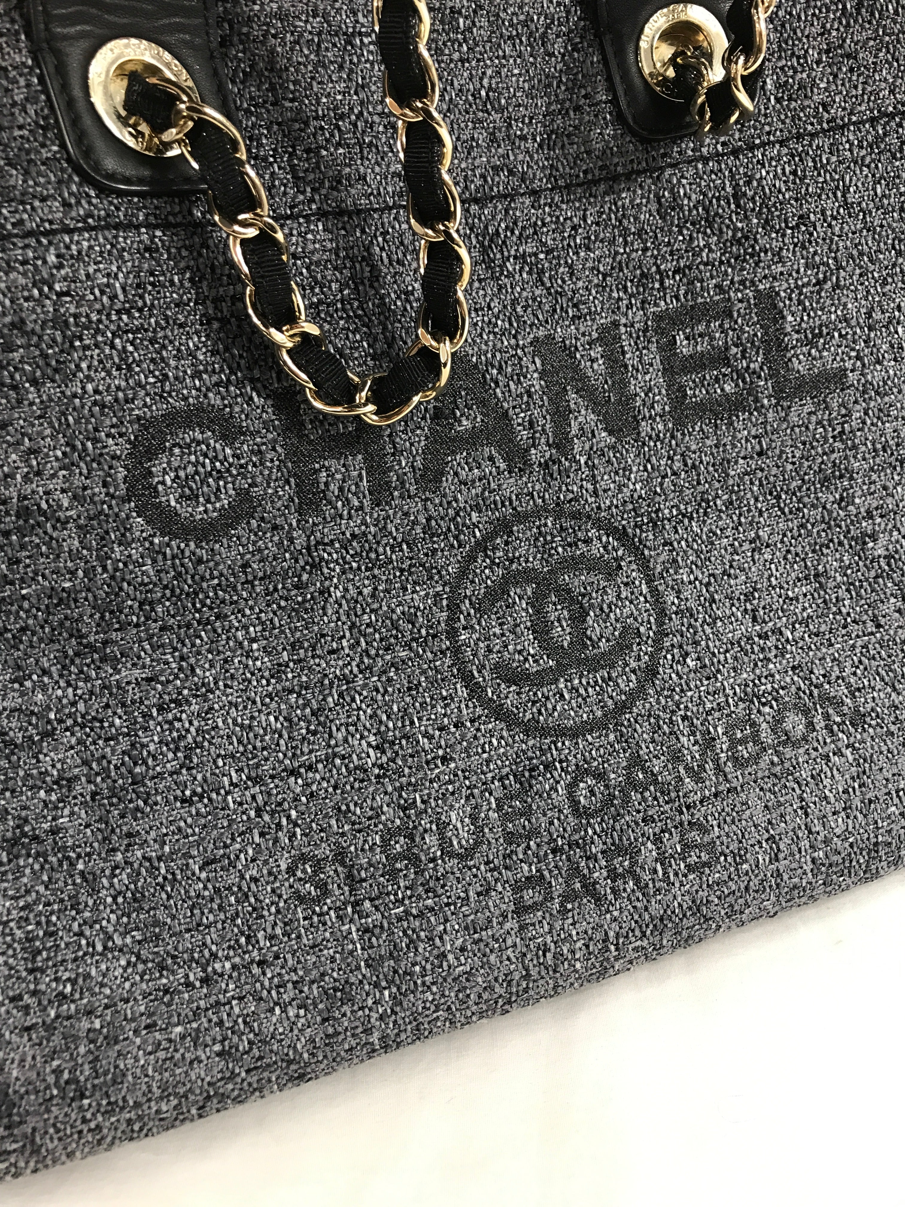 Black/Greyish Blue Small Tweed Raffia Deauville Tote w/GHW