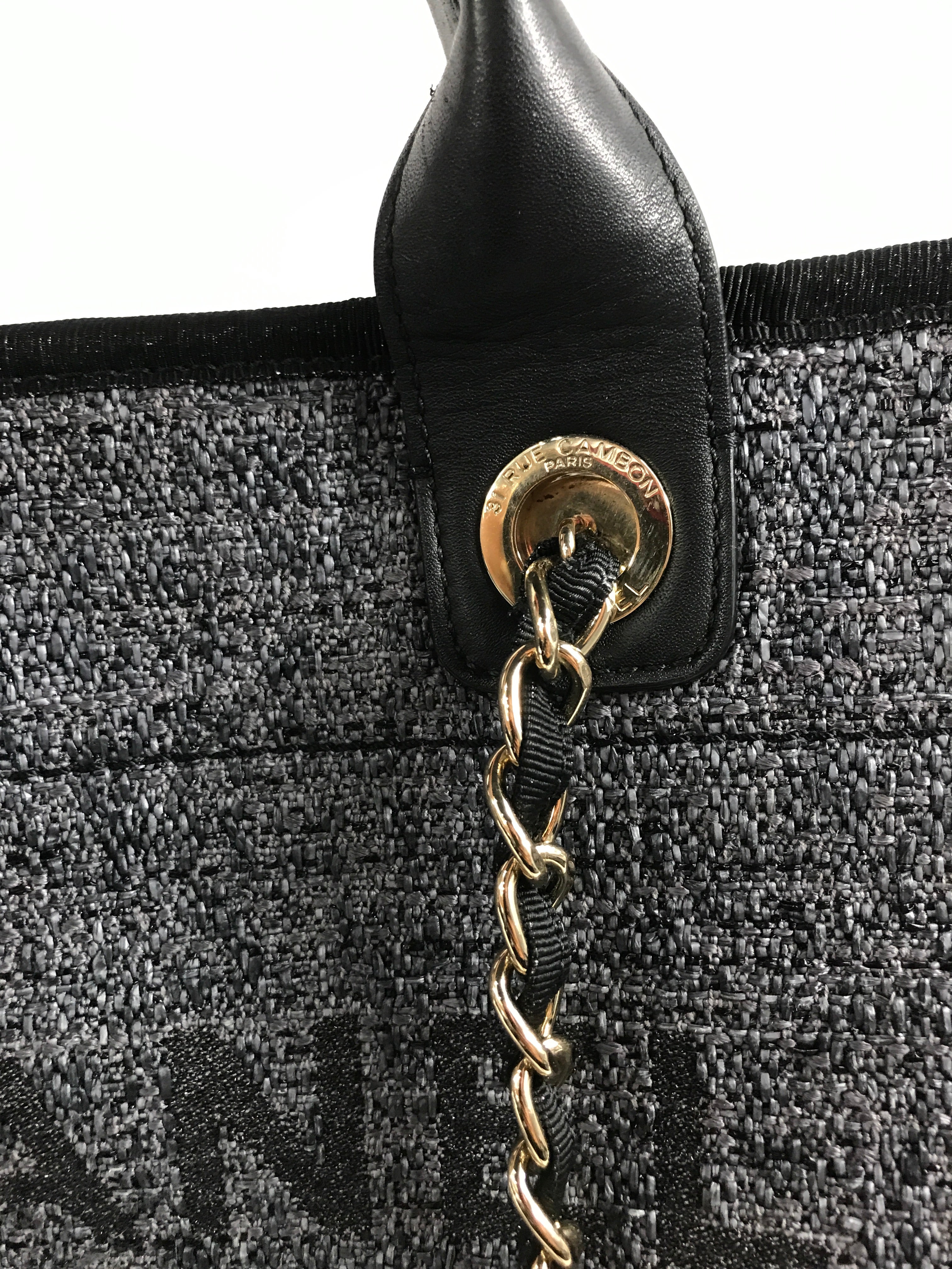 Black/Greyish Blue Small Tweed Raffia Deauville Tote w/GHW