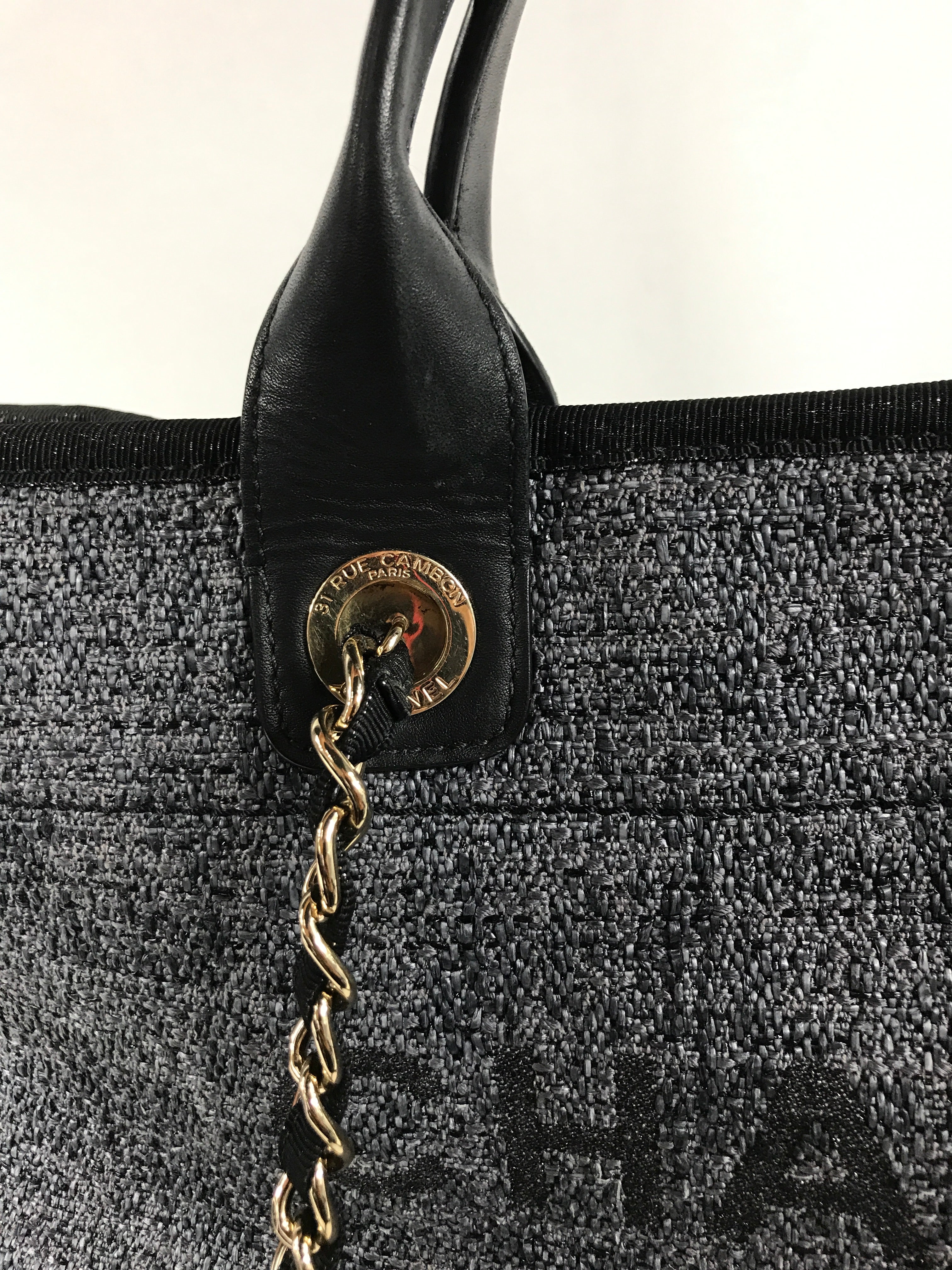 Black/Greyish Blue Small Tweed Raffia Deauville Tote w/GHW