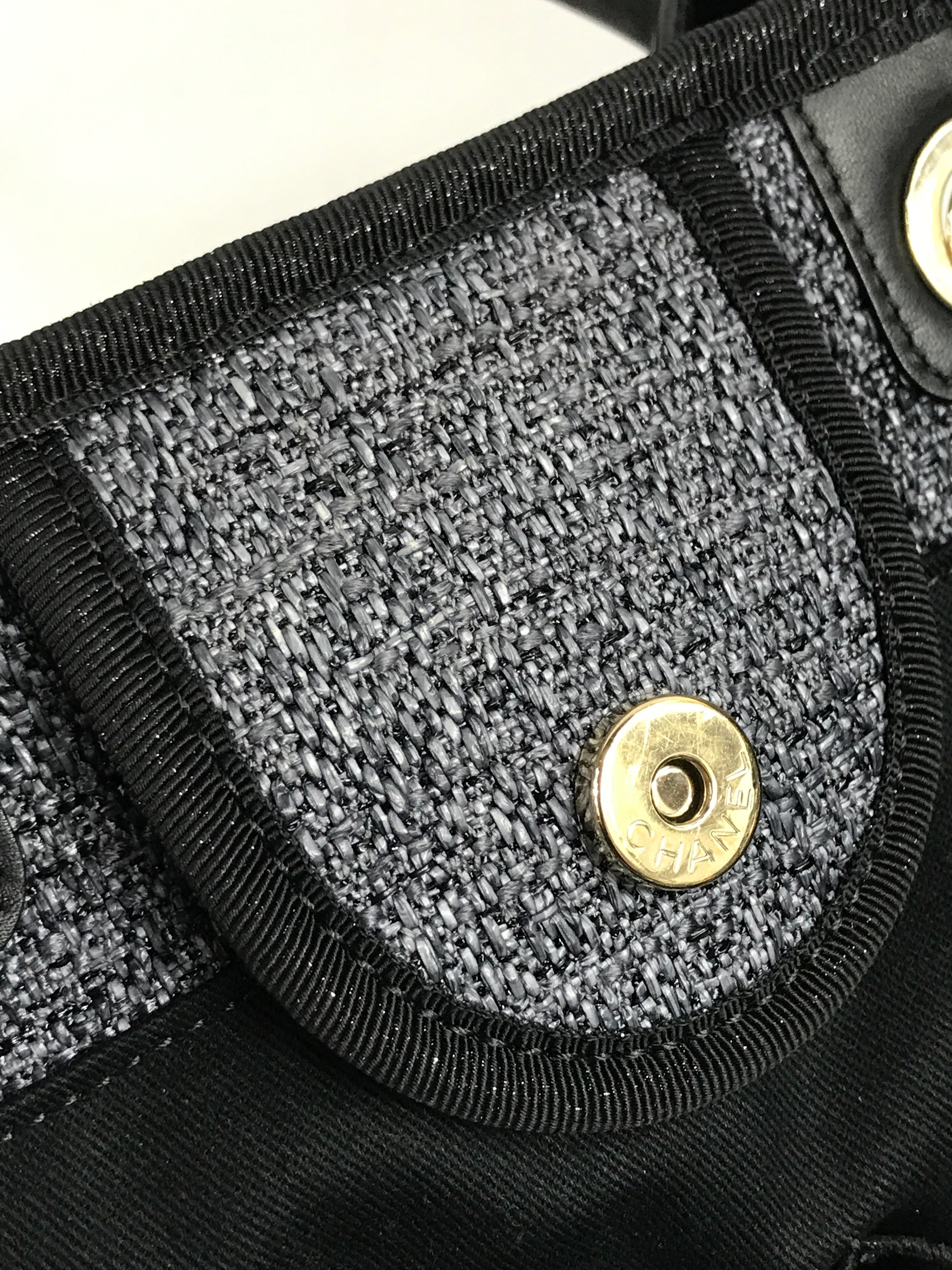 Black/Greyish Blue Small Tweed Raffia Deauville Tote w/GHW