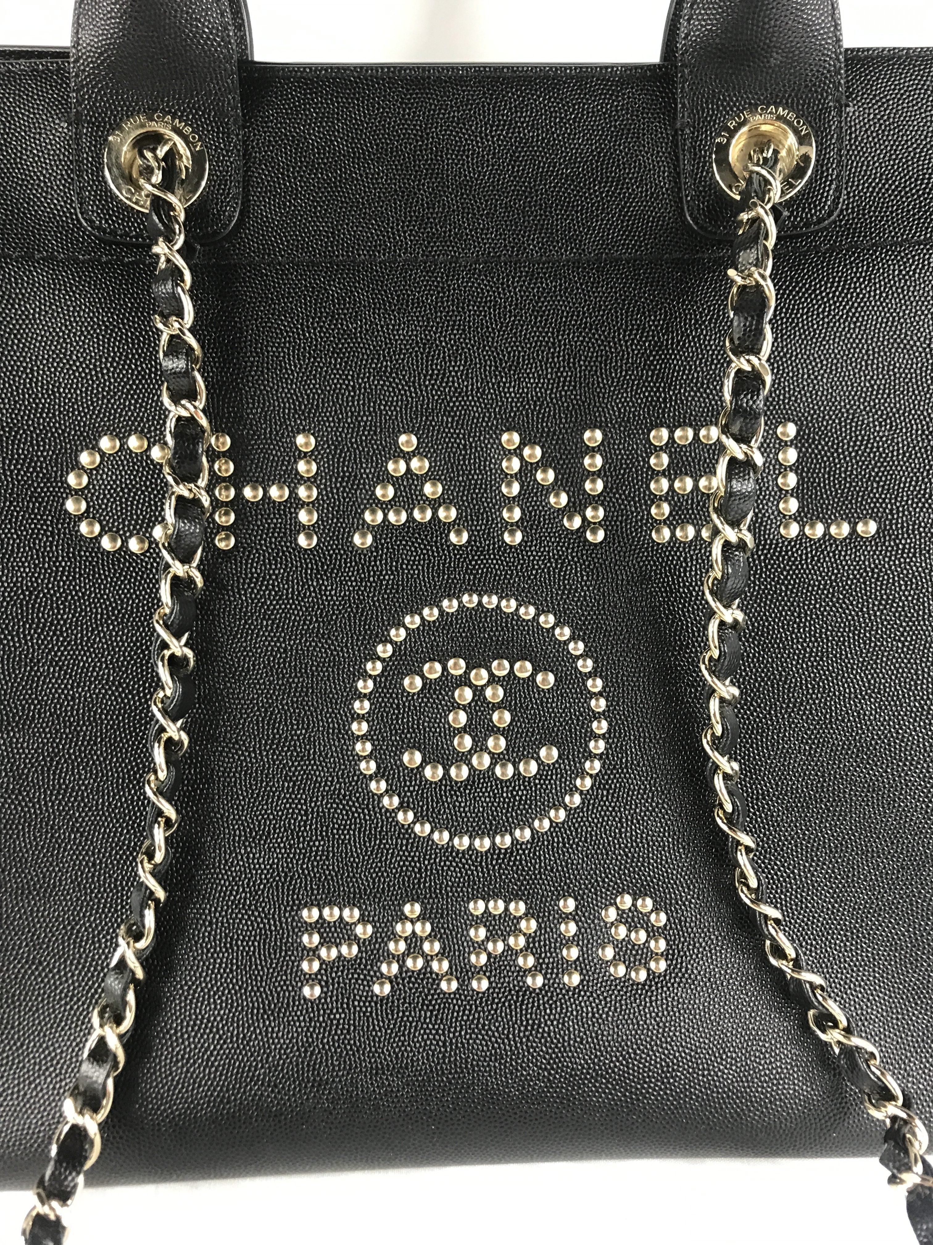 Black Caviar Leather Large Studded Deauville Bag w/GHW