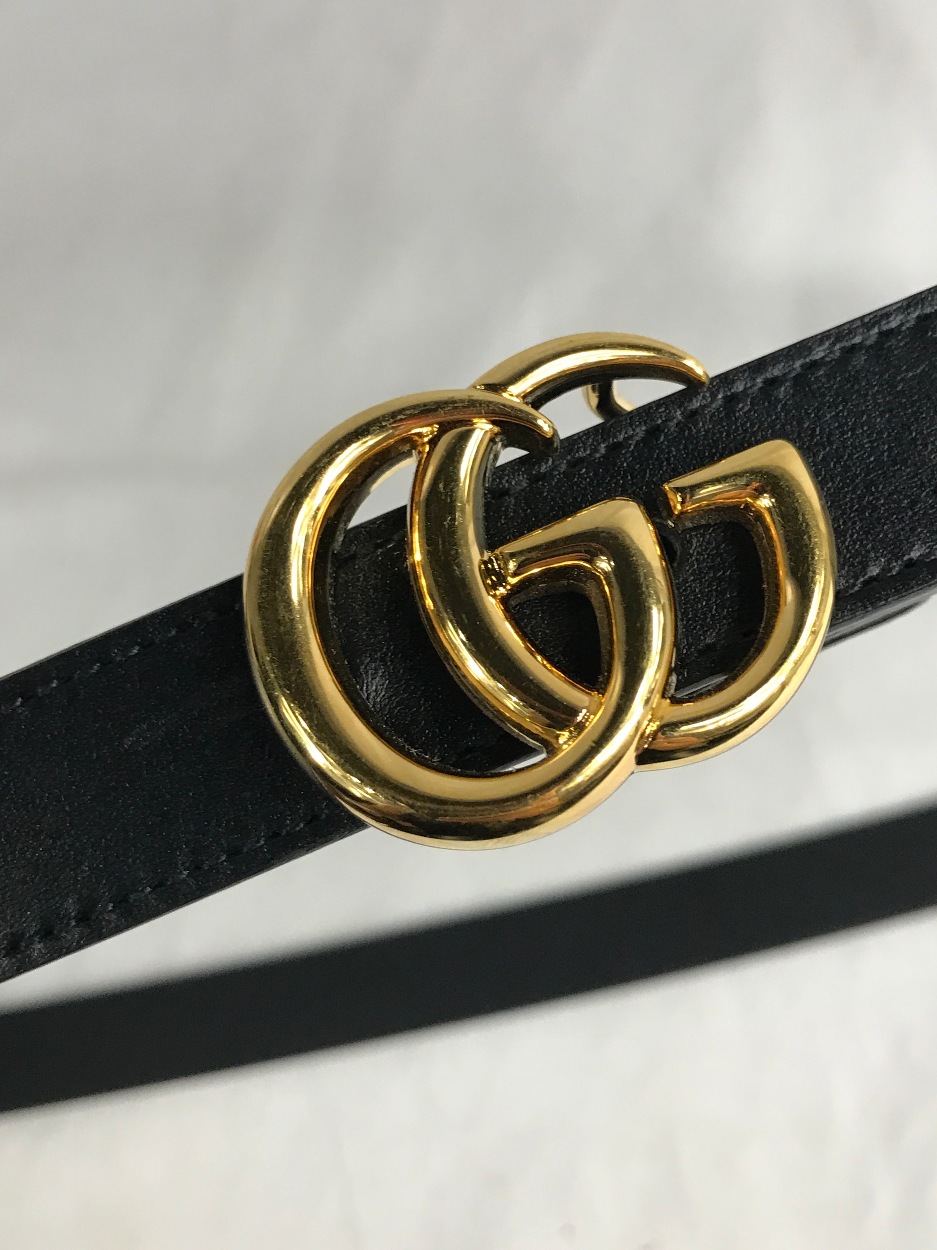 Logo Black Grained Leather Thin Belt W/GHW