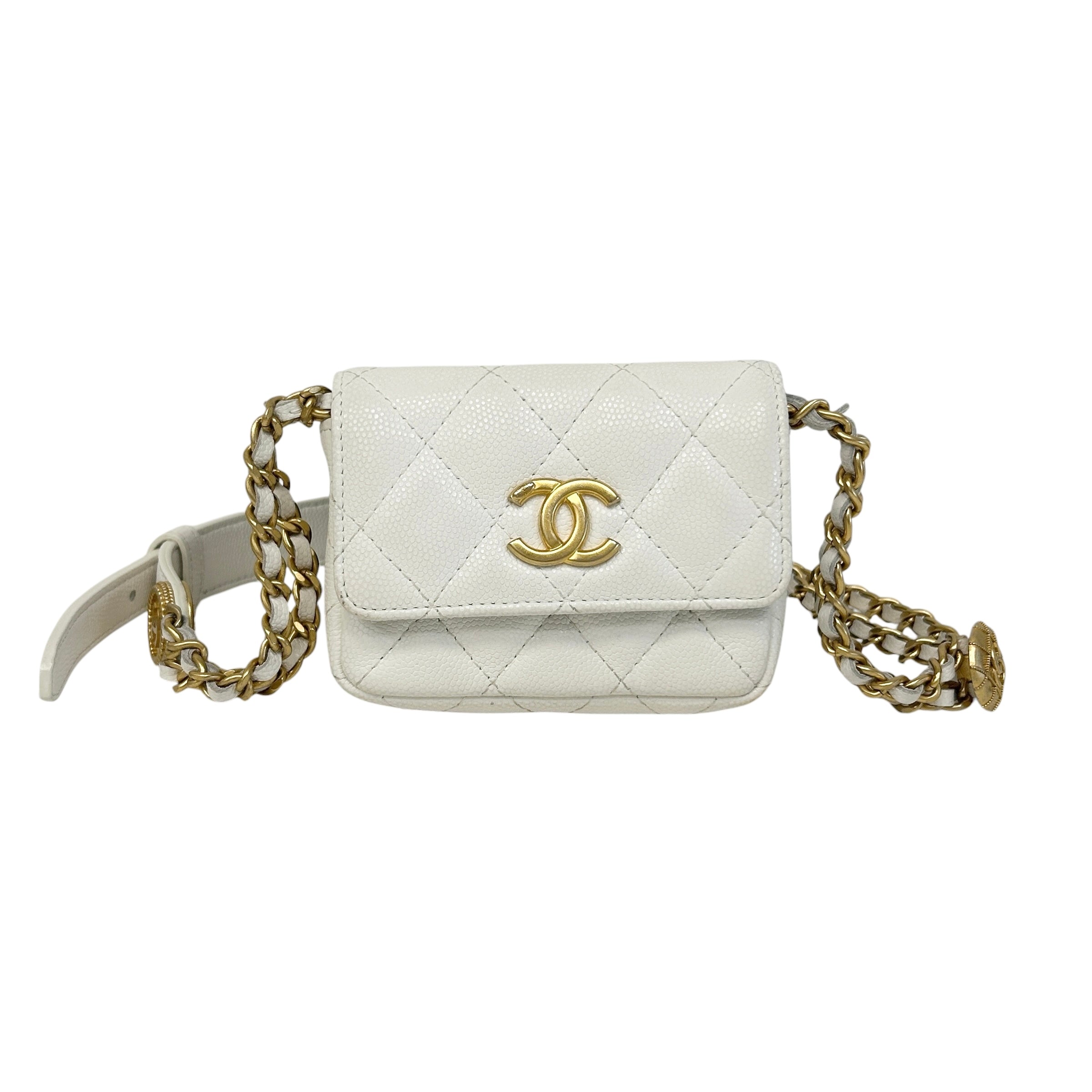 White Quilted Caviar Leather Twist Your Buttons Coin Purse On Chain Flap Bag w/GHW