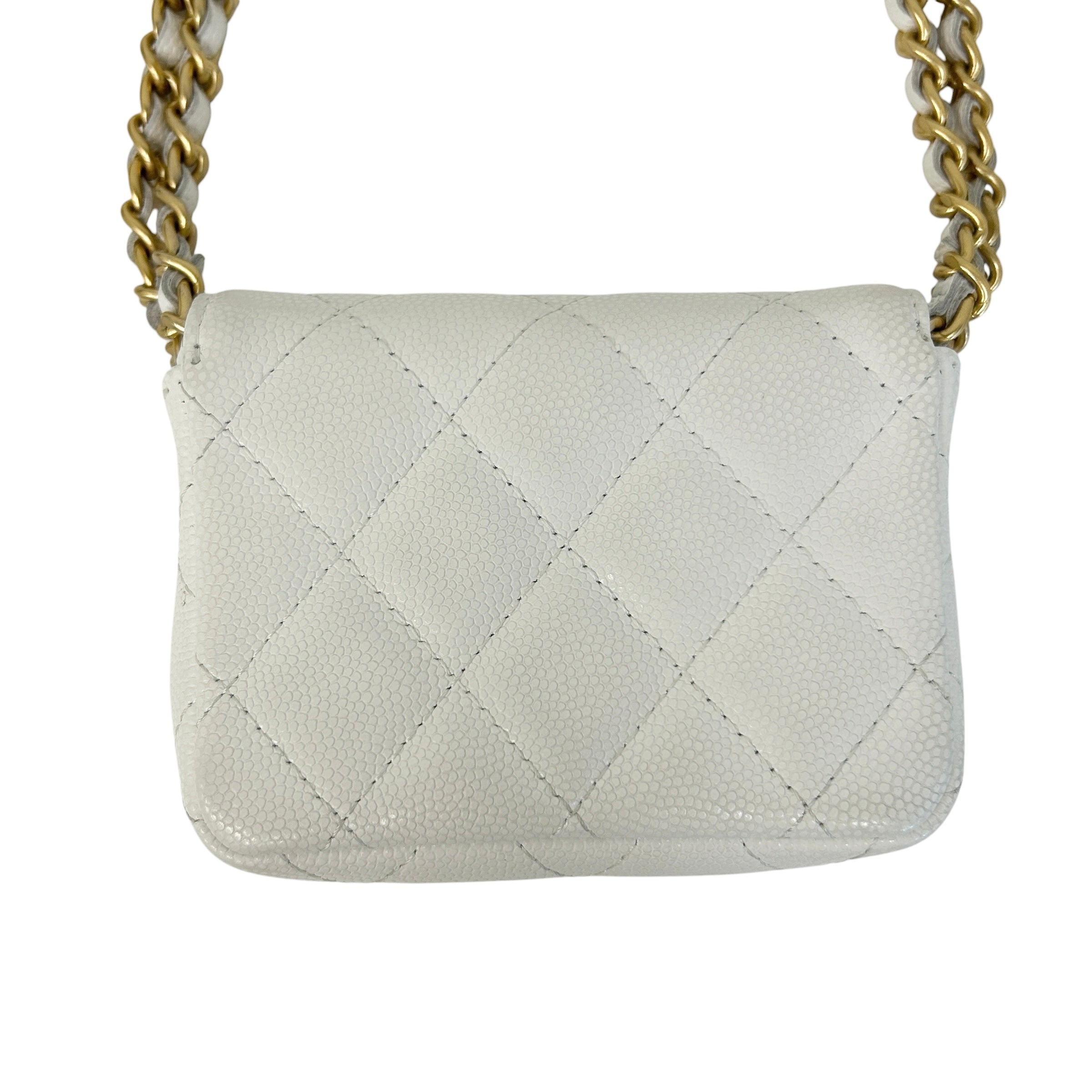White Quilted Caviar Leather Twist Your Buttons Coin Purse On Chain Flap Bag w/GHW