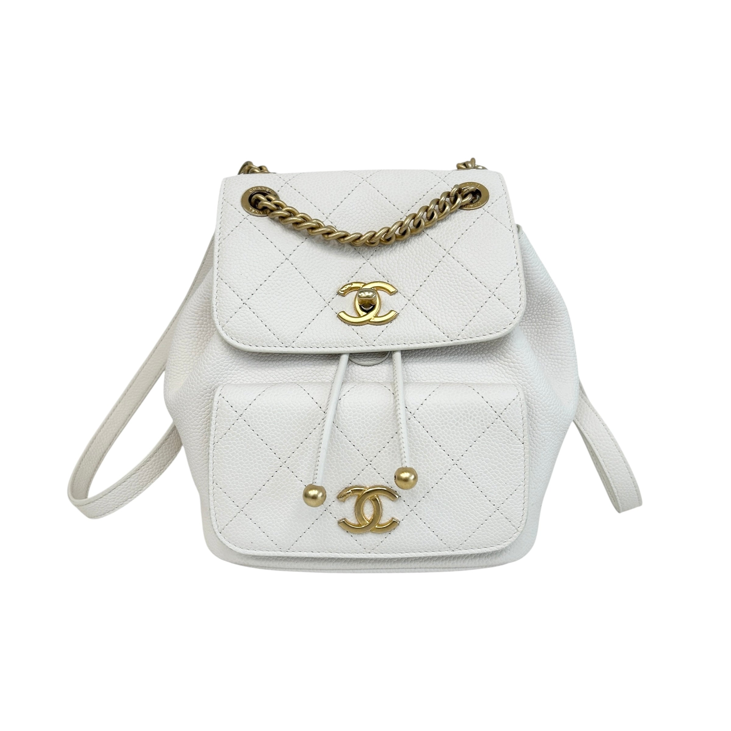 White Quilted Caviar Leather Matelasse Chain Backpack w/GHW